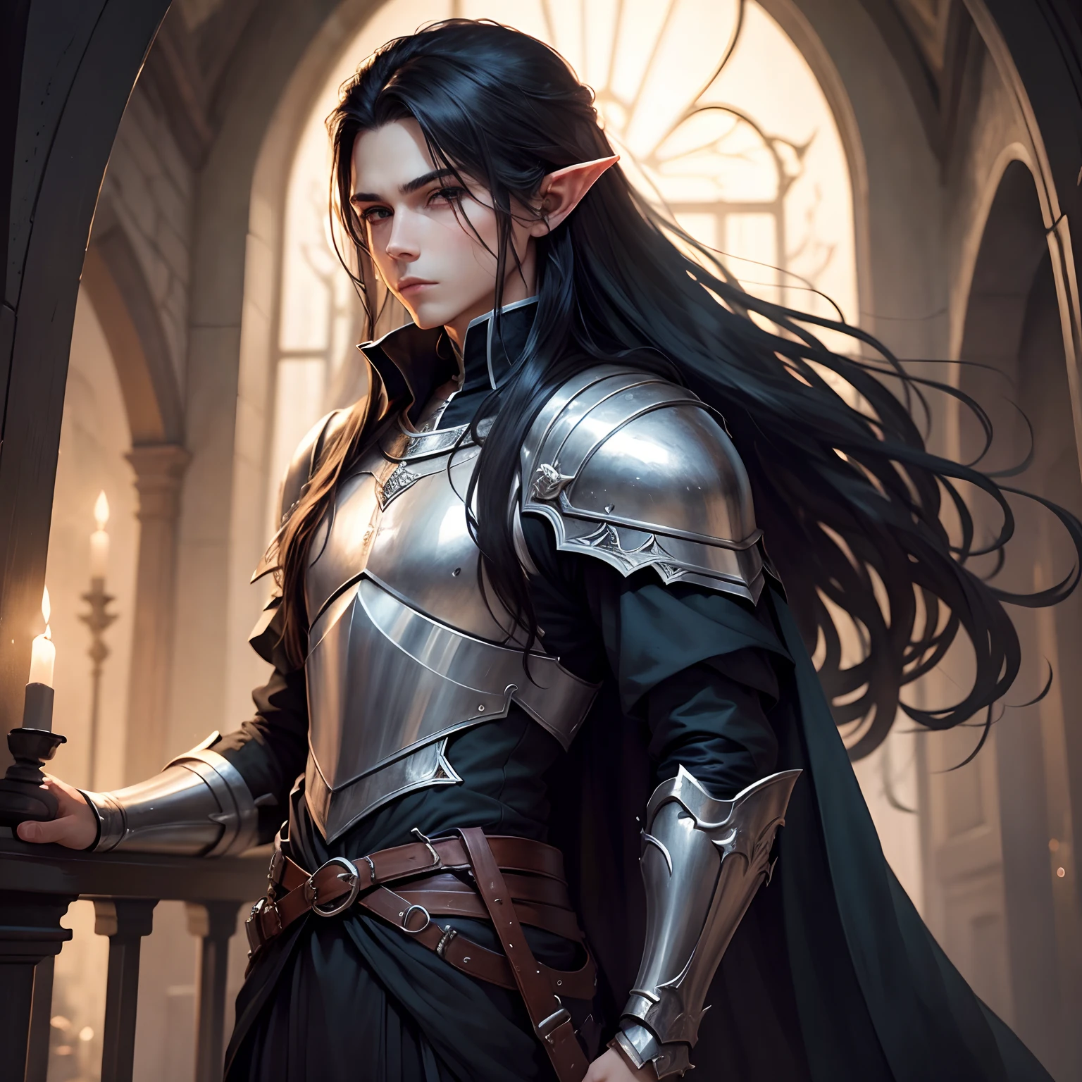 best aesthetic, new, newest, best quality, masterpiece,watercolor,male focus,1boy,elf,night,fantasy,knight,long hair,blak hair,slender