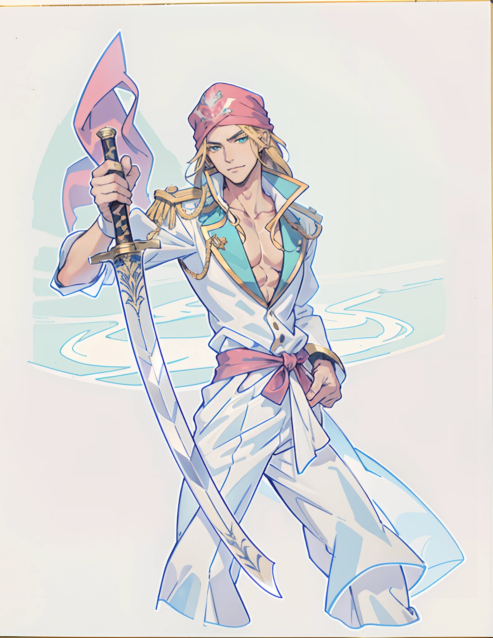 A man with long golden hair, wearing a deep blue headscarf, has a cunning look in his eyes, a stubbled chin, he is dressed in a light blue open-chested shirt with a fantasy pirate style, he has a wide yellow sash around his waist, decorated with a red ribbon, he wears matching utility pants, he holds a long pirate-style sword, a long pirate-style sword with a golden guard, gripping it in reverse, he stands by the pier under the night sky, this character embodies a finely crafted fantasy-style pirate in anime style, characterized by an exquisite and mature manga illustration art style, high definition, best quality, highres, ultra-detailed, ultra-fine painting, extremely delicate, professional, anatomically correct, symmetrical face, extremely detailed eyes and face, high quality eyes, creativity, RAW photo, UHD, 8k, Natural light, cinematic lighting, masterpiece:1.5