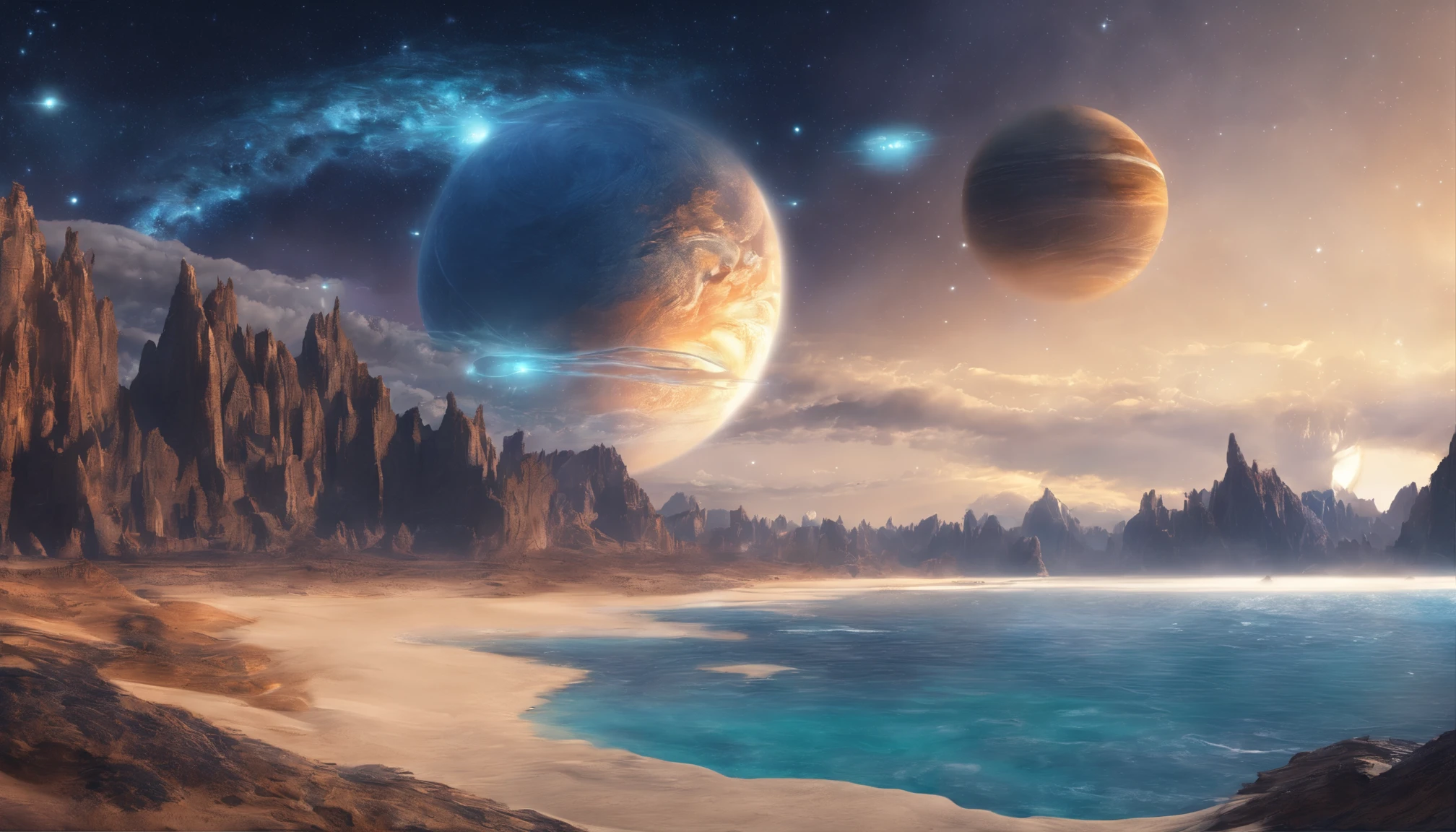 huge planet, the night, starrysky, surrealism, masutepiece, hight resolution、Impressive Milky Way:1.9、sand beach、Vast blue ocean、Blue glacier、lightning bolt:1.9、Protoplanets、pure beauty、Planets to discharge:1.9