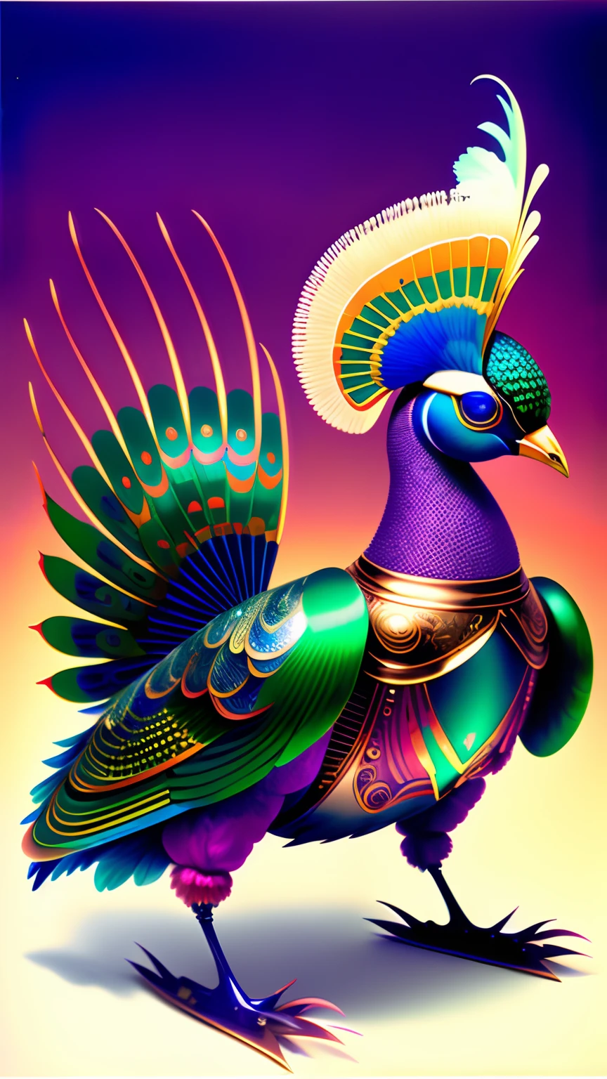 Robot Robots Peacock Robot Wing Ernst Hackel James Jean General Art, Baroque, Complex forms, fraction, movie still, Realistic, Bright peacock plumage., Intricate, Elegant, high-detail, Digital Imaging, Artstation, smooth, Sharp focus, illustration, Outrun, Vapors, full-body-shot