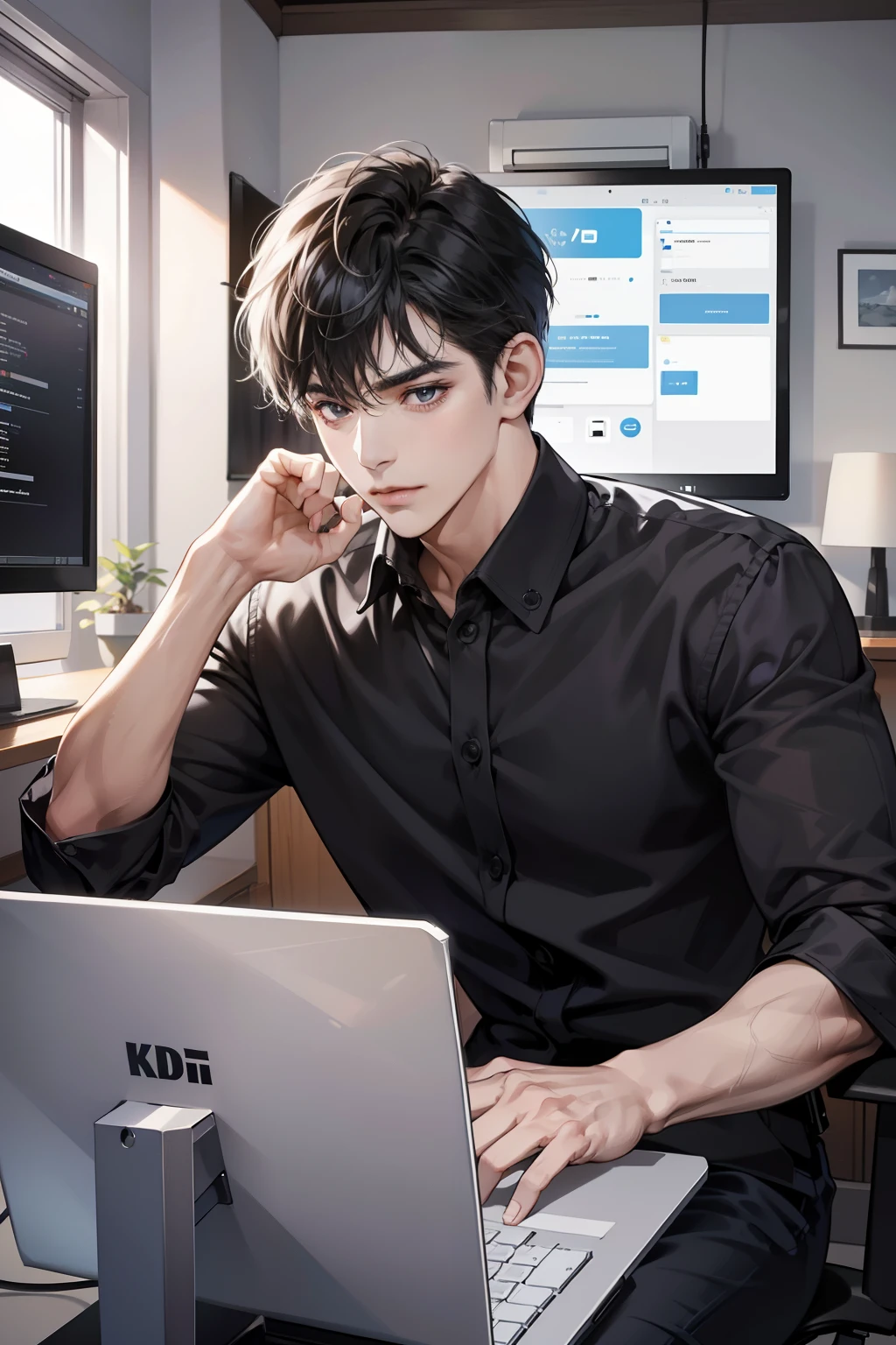 tmasterpiece,high high quality,Best quality at best,k hd,realisticlying,perfect litthing,Detailed body,1 man,with short black hair,Black shirt,calm expression,Facing the computer monitor,Being in the room