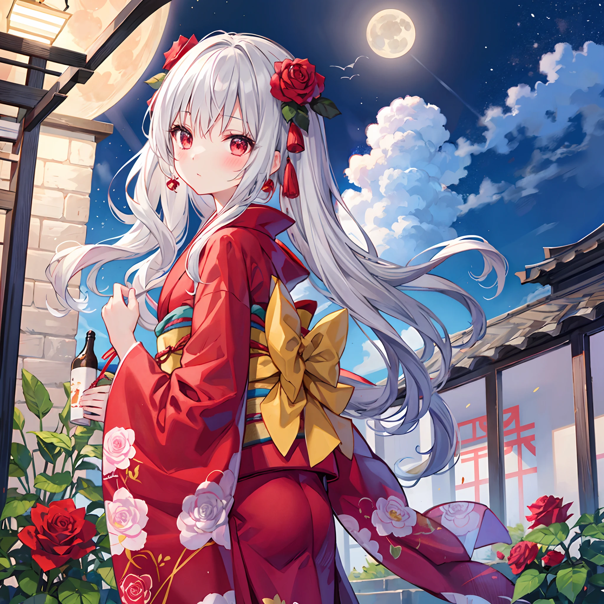 Wavy Gray Hair、red eyes、Beautiful girl alone、Kimono、rose garden、a moon、red blush、