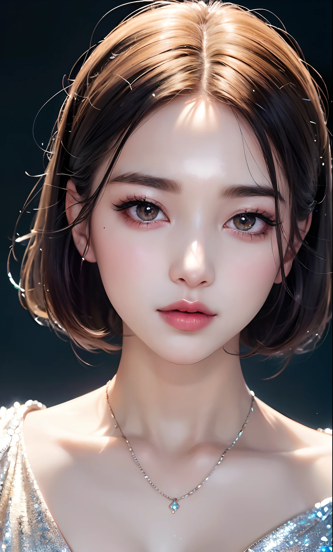 (8k, RAW photo, photorealistic: 1.25), (lip gloss, eyelashes, shiny face, shiny skin, best quality, ultra-high resolution, depth of field, chromatic aberration, caustics, wide range of lighting, Natural shading, Kpop idol) looking at the viewer with a calm and goddess-like happiness,