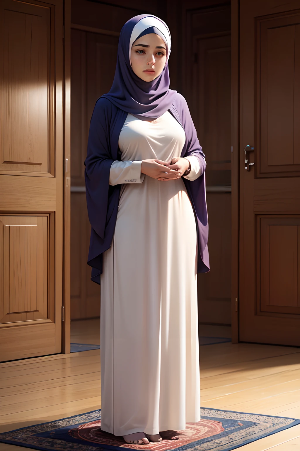 a beautiful young woman hijab, (((super big breast))), (very big breast covered), (Big breast), bare breast, perfect face, (((very huge big breast,))), ((( Big Breast))) long dress muslim, (((covering mouth, long veil))), Slim Face、20 years old, stil young, hands up, armpit, Pretty Lady, smile eyes, stand up, (big breast covered) , see full body, batthroom, fat belly, leg emphasis