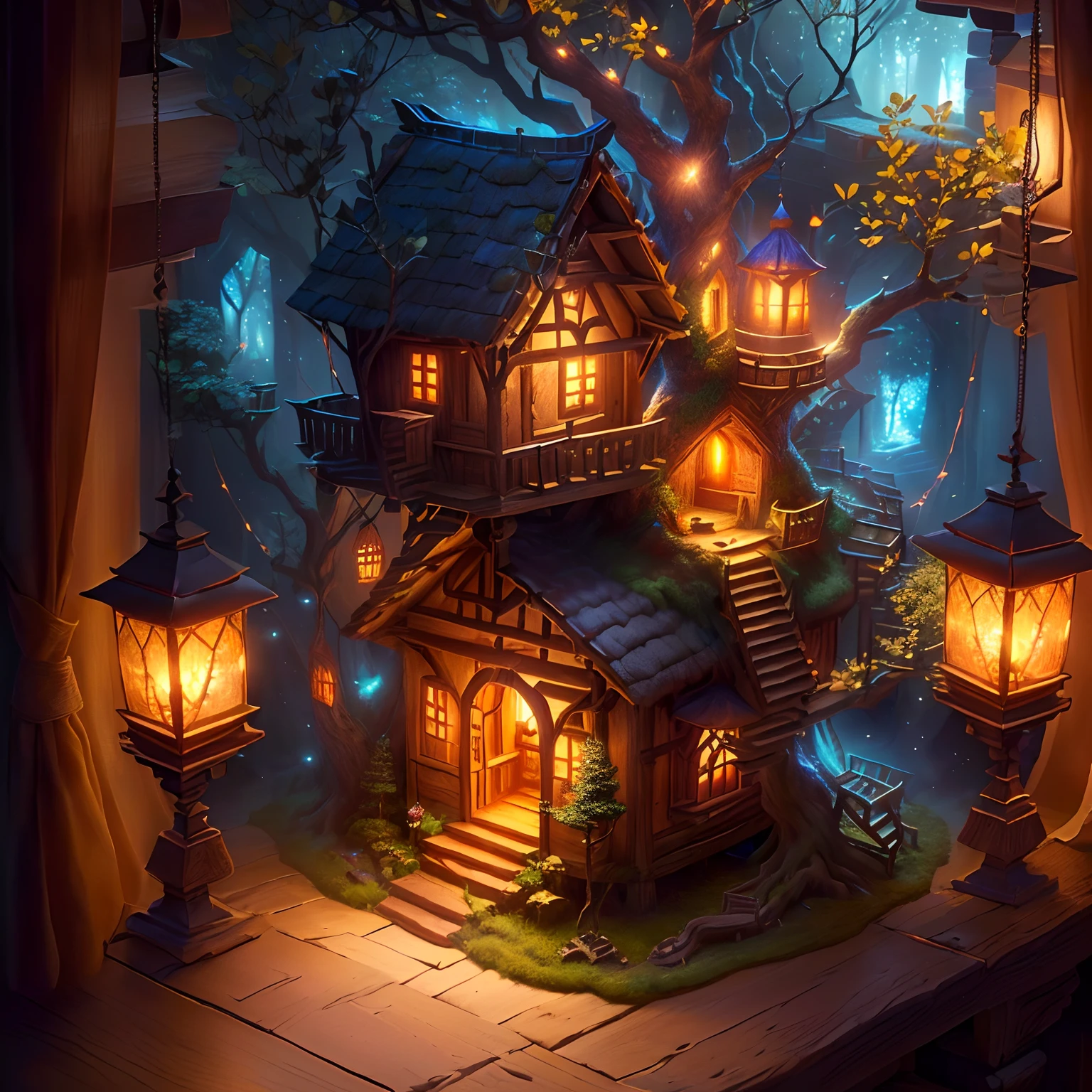 (Sultra Fairytale Tree House Village Details, Magic Light Particles, Enchanting warm lighting from the window, volumetric lights, Light tetrad color, Soft warm fire, high-res, 32K resolution,