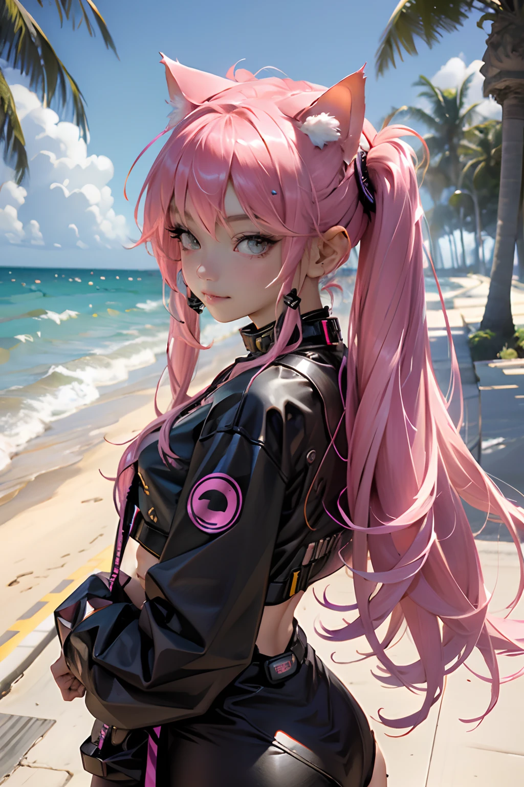 Anime girl with pink hair and cat ears posing on the beach - SeaArt AI