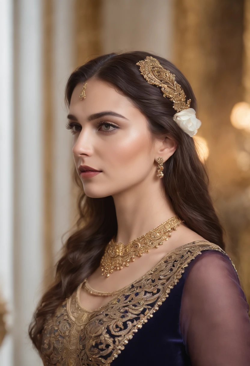 (best quality,ultra-detailed,realistic:1.37),portraits,beautiful Ammonite queen with intricate details, mesmerizing eyes, delicate lips, stunning beauty,long hair flowing down her back,royal attire and ornate jewelry,graceful pose in a regal setting,soft and warm lighting,painting,rich colors,romantic atmosphere, blending classical and contemporary styles,fine brushstrokes, vibrant expression,exquisite craftsmanship, masterful composition, capturing the essence of Naamá's beauty.
