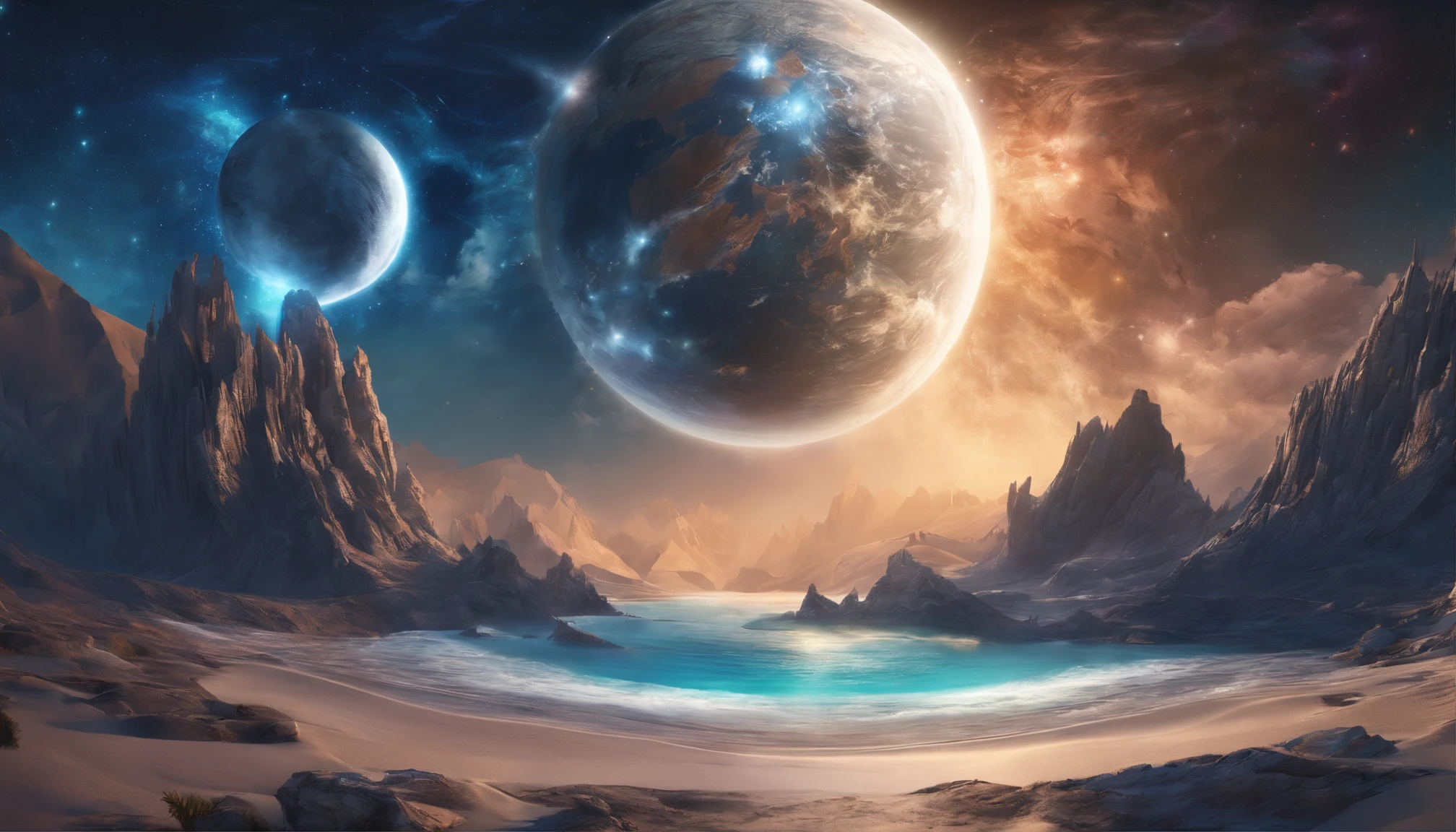 huge planet, the night, starrysky, surrealism, masutepiece, hight resolution、Impressive Milky Way:1.9、sand beach、Vast blue ocean、Blue glacier、lightning bolt:1.9、Protoplanets、pure beauty、Plasma Planet:1.9