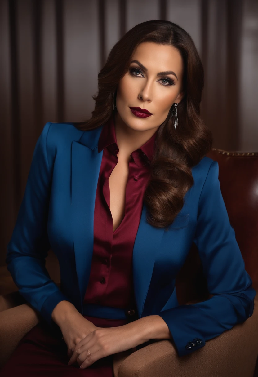 Business woman wearing blue business suit. Busty cleavage. 36DD.  Sitting in office chair. Tight fitting, maroon button-down satin blouse with long sleeves, button cuffs, pointed collar.