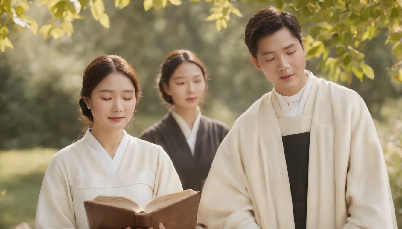 (Best Quality,Ultra-detailed,realisitic:1.37),portrait of a,Korean men and women reading the Bible,Oil Painting,Cathedral attire, View of the cathedral in the distance,Peaceful garden scene,Soft sunlight,tranquil expression,wisdom,Bible Quotes,vibrant colours,delicate brushwork,subtle textures,lush greenery,Contemplative atmosphere,Beautiful picture book,Highlighted features:Eyes in focus,gentle smiling,Graceful posture,Sunlight shining through the trees,rays,Quiet surroundings,serene ambiance,A Blessed Moment