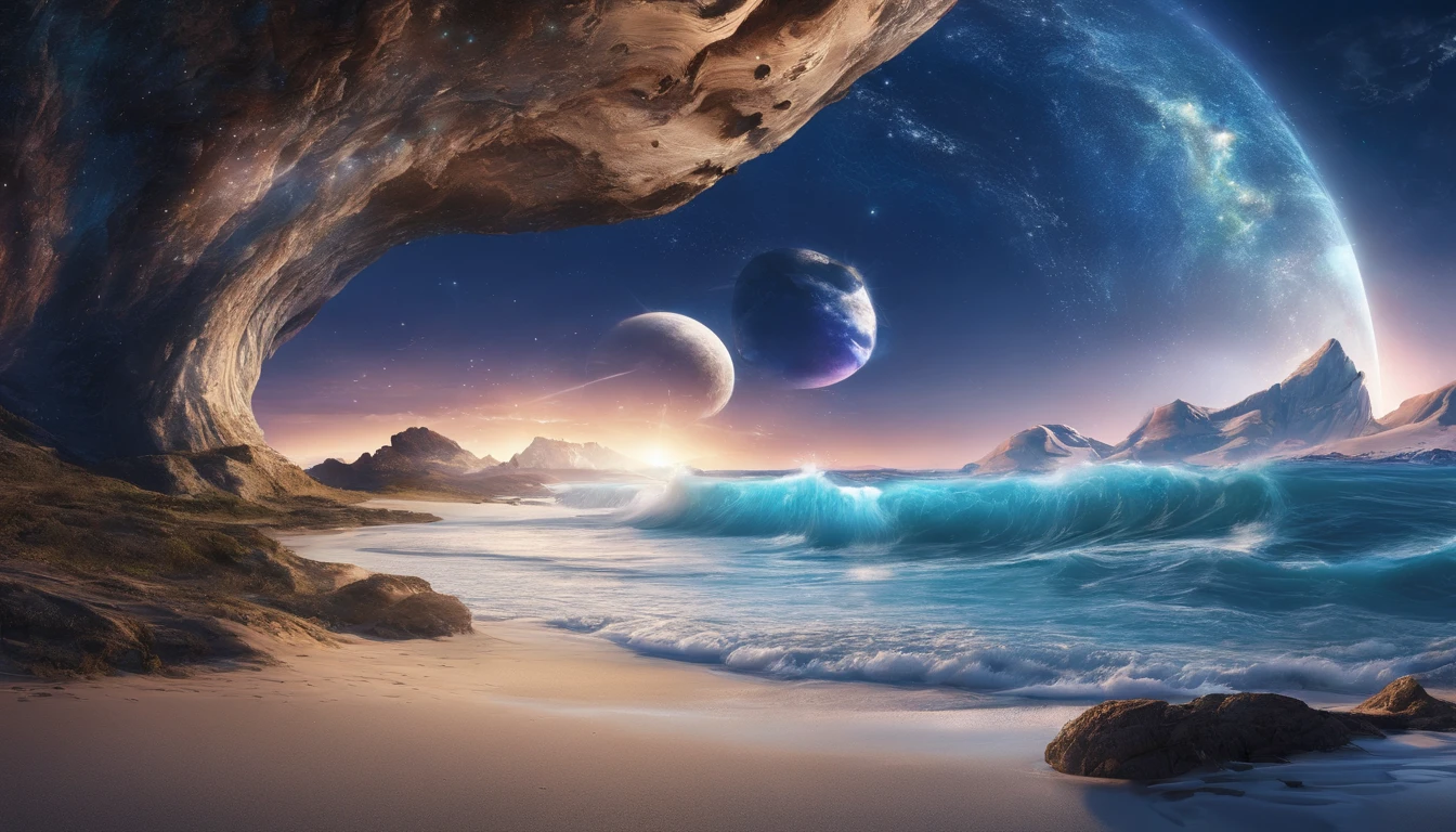 huge planet, the night, starrysky, surrealism, masutepiece, hight resolution、Impressive Milky Way:1.9、sand beach、Vast blue ocean、Blue Waves、Blue glacier、lightning bolt:1.9、Protoplanets、pure beauty