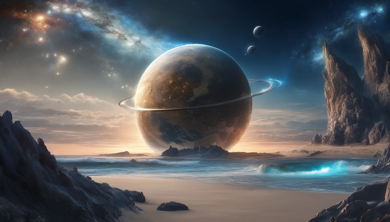 huge planet, the night, starrysky, surrealism, masutepiece, hight resolution、Impressive Milky Way:1.9、sand beach、Vast blue ocean、Blue Waves、Blue glacier、lightning bolt:1.9、Protoplanets、pure beauty