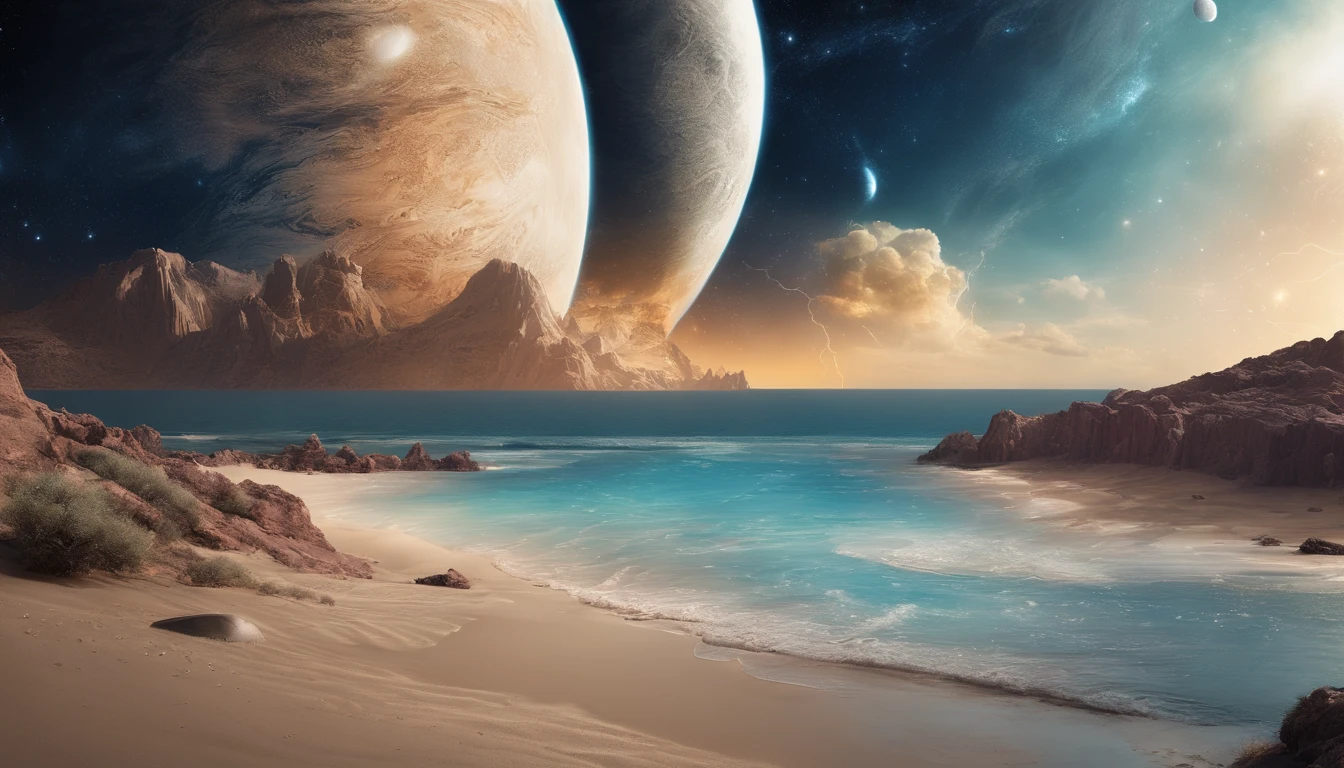 huge planet, the night, starrysky, surrealism, masutepiece, hight resolution、Impressive Milky Way:1.9、sand beach、Vast blue ocean、Blue Waves、Blue glacier、lightning bolt:1.9、Protoplanets、pure beauty