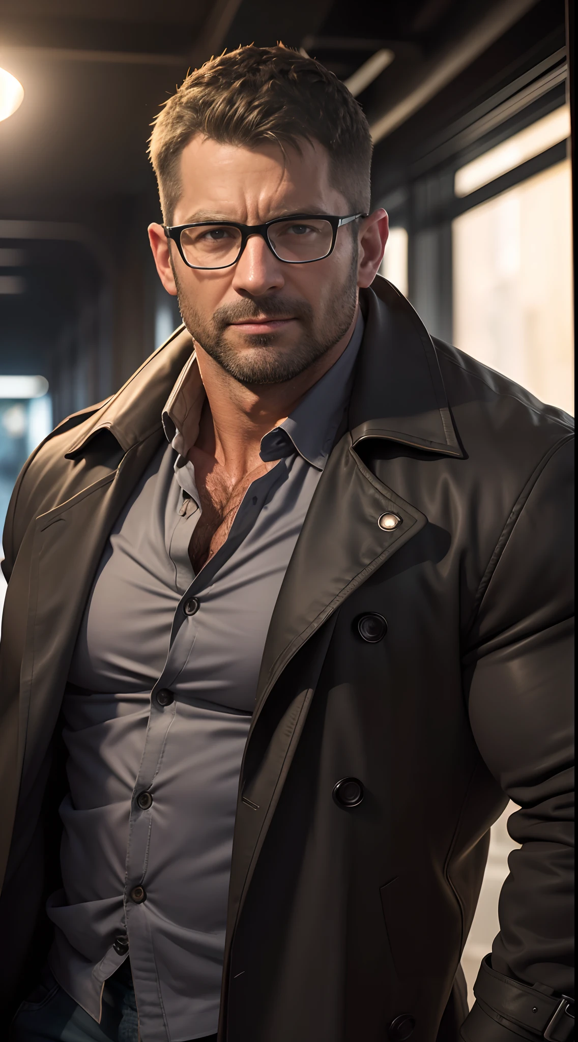 An award-winning original photo，A wild muscular man, (40 years old daddy:1.1), 1boy, Solo, (brown trenchcoat), (black dress shirt), (big shoulders), musculature, stubbles, Short beard, Beautiful eyes:1.3, ), (Detailed face:1.3), wearing glasses, smiles, Dynamic Angle, volumetric lighting, (Best quality, A high resolution, Photorealistic), Cinematic lighting, Masterpiece, RAW photo, Intricate details, hdr, depth of field, upper body shot