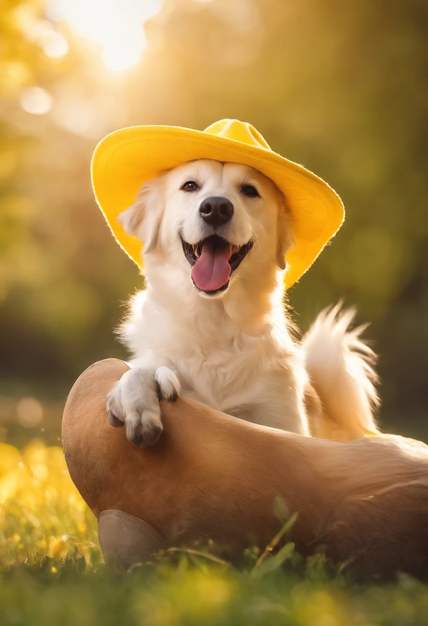 happy dog wearing a yellow hat, playful dog with wagging tail, vibrant colors, detailed fur, sunny outdoor scene, cute and expressive eyes, realistic rendering, joyful atmosphere, bokeh lighting