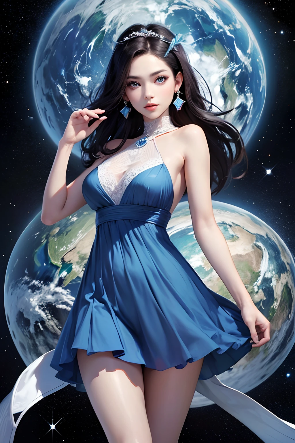 Beautiful Woman。Details of face。Beautiful double eyes。Passed nasal muscle。well-shaped lips。Wearing clothes that look like a blue dress。Outer space on female background。Masterpiece。of the highest quality。８K image quality。