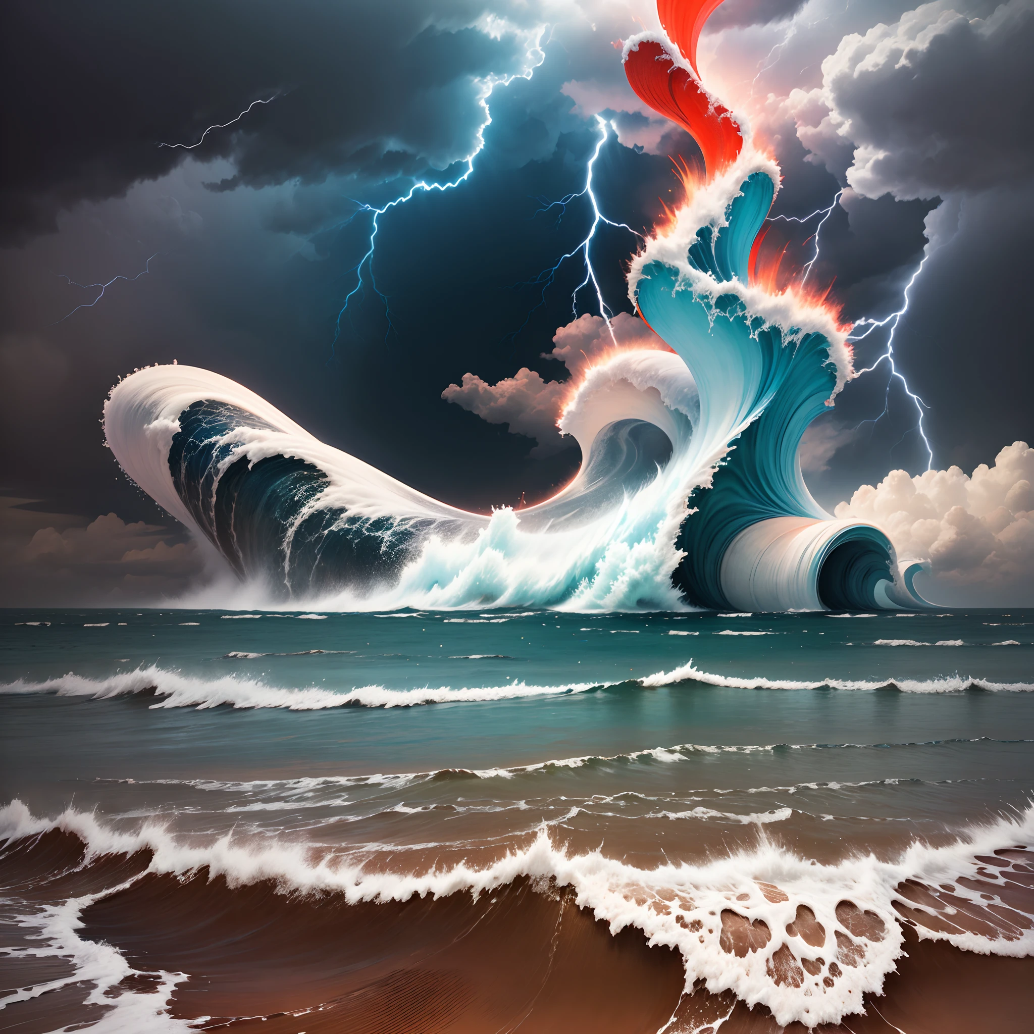 open sea of red white blue waves, thunder & lightning, art deco style, 1:1, --auto --s2