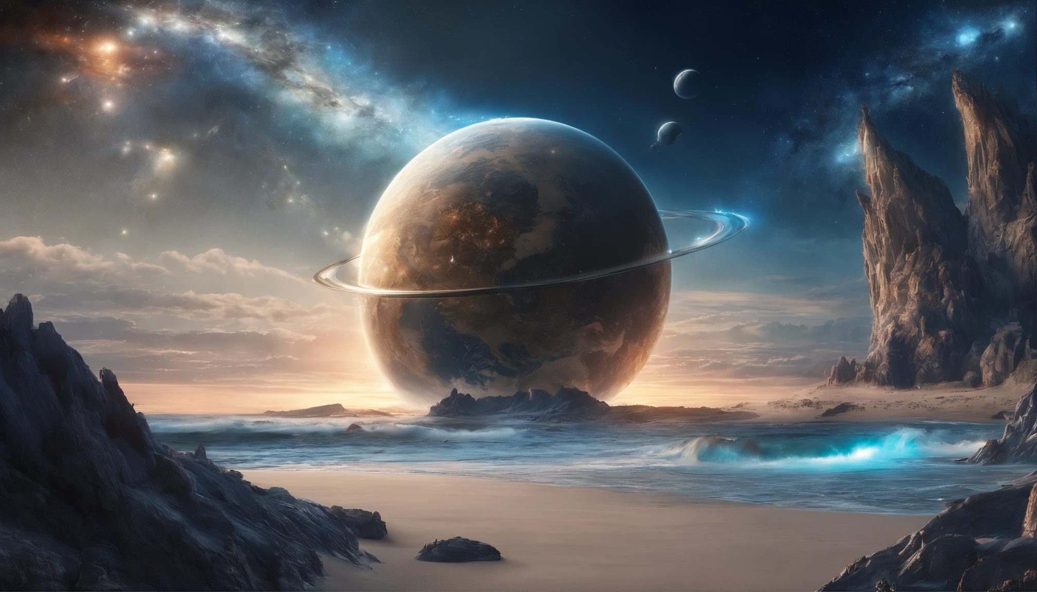 huge planet, the night, starrysky, surrealism, masutepiece, hight resolution、Impressive Milky Way:1.9、sand beach、Vast blue ocean、Blue Waves、Blue glacier、lightning bolt:1.9、Protoplanets、pure beauty