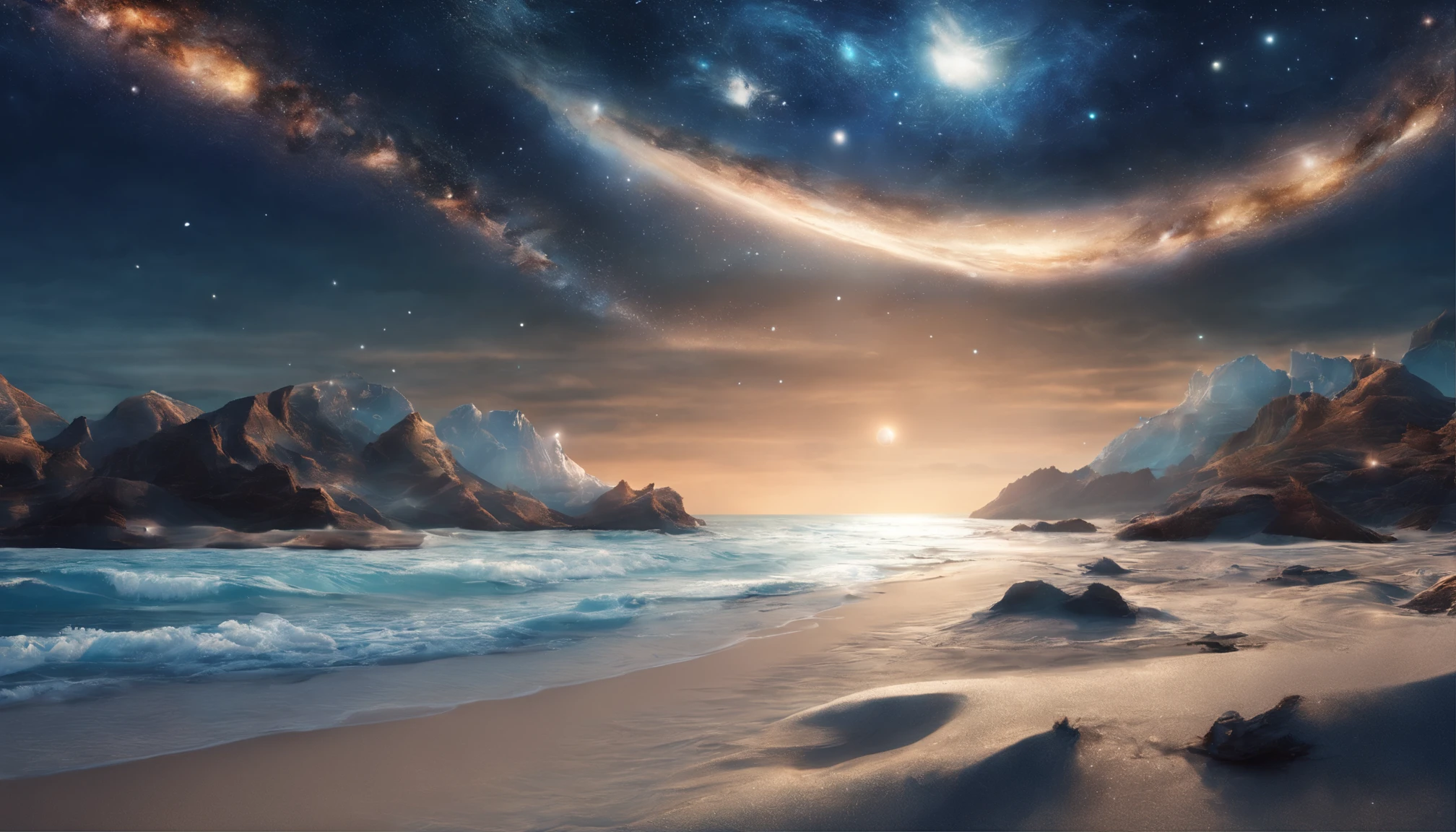huge planet, the night, starrysky, surrealism, masutepiece, hight resolution、Impressive Milky Way:1.9、sand beach、Vast blue ocean、Blue Waves、Blue glacier、lightning bolt:1.9、Protoplanets、pure beauty