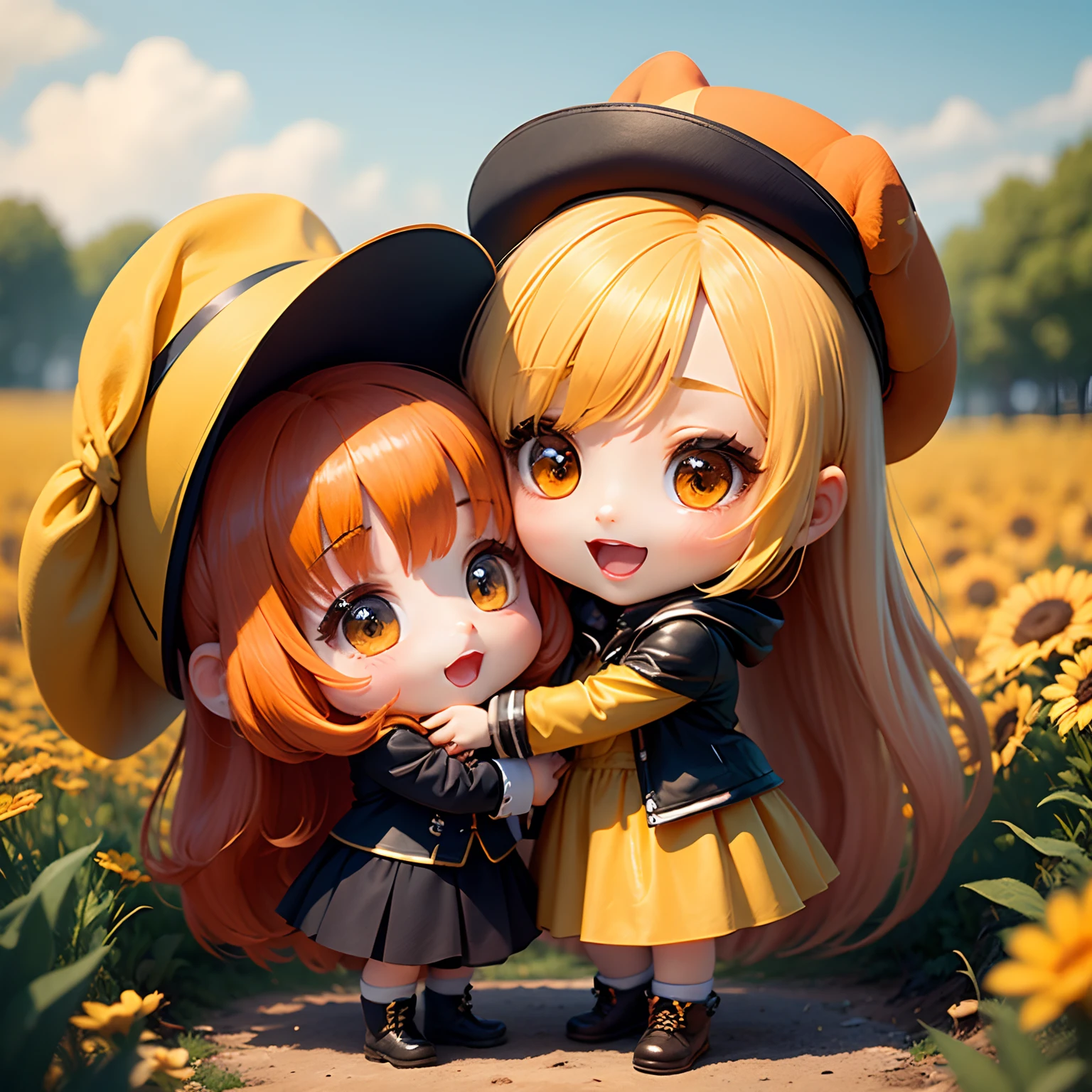 ​masterpiece、top-quality、ultra-detailliert、(Chibi Chara's Daughter:1.2)、Open your mouth and smile、Orange hair color、Yellow beret、Orange-yellow wraith、Orange and yellow Marguerite field、Hugging a yellow stuffed animal、Standing、