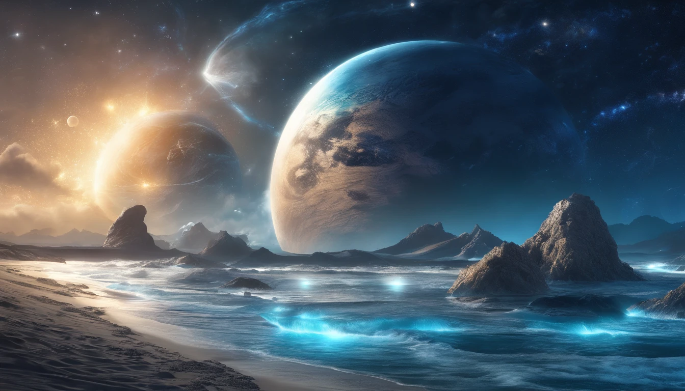 huge planet, the night, starrysky, surrealism, masutepiece, hight resolution、Impressive Milky Way:1.9、sand beach、Vast blue ocean、Blue Waves、Blue glacier、lightning bolt:1.9、Protoplanets、pure beauty