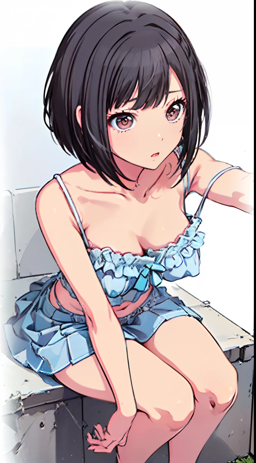 (Light blue camisole　Pull up your skirt to show your panties　Gravure Pose　Very detailed down to the smallest detail　clear outlines　Beautiful face　Beautiful skin)  thin-waist　A slender　ribbed　skinny limbs　teats　cleavage of the breast　Beautiful breasts　a short bob　Uterine mouth　Beautiful fingertips　Anime style