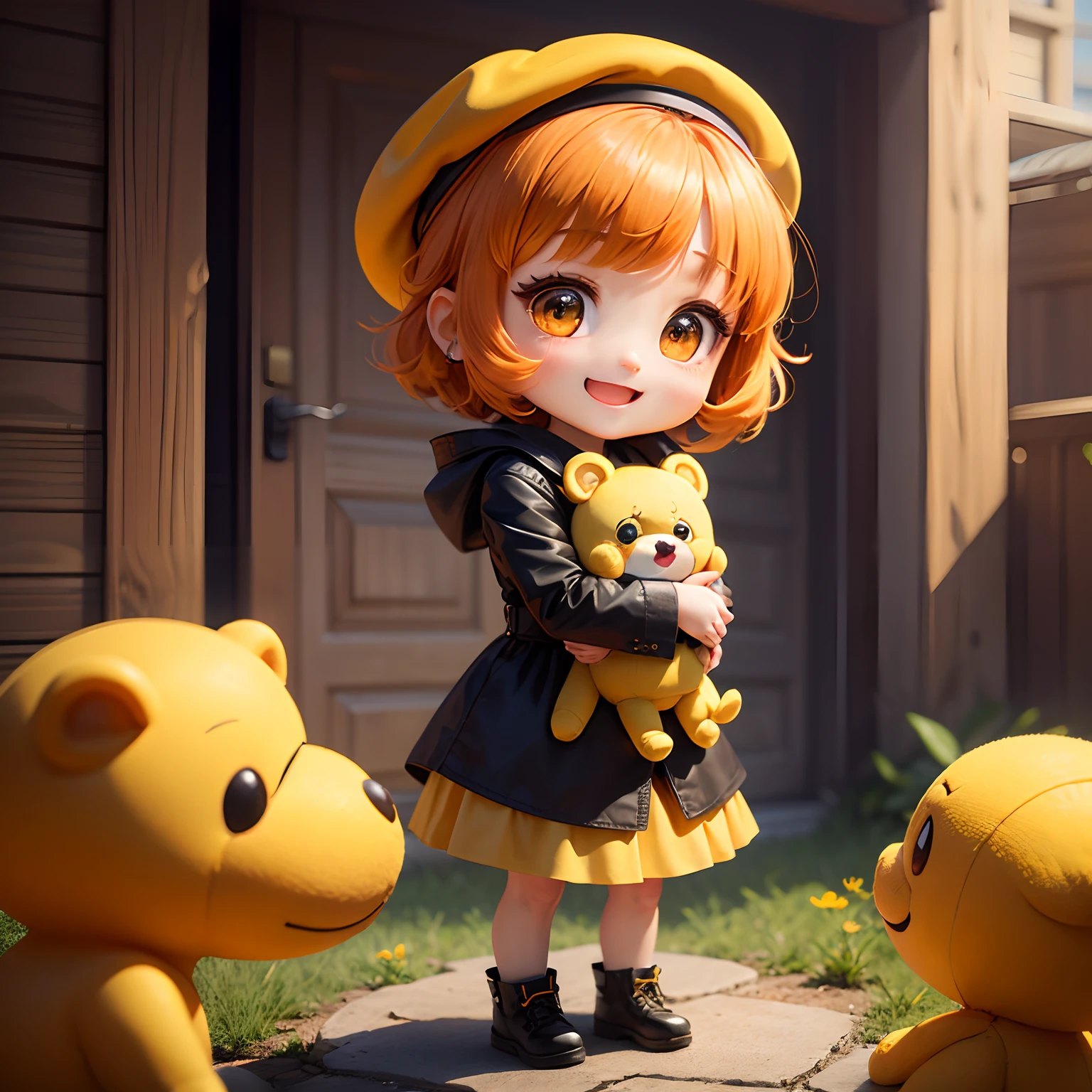 ​masterpiece、top-quality、ultra-detailliert、(Chibi Chara's Daughter:1.2)、Open your mouth and smile、Orange hair color、Yellow beret、Orange-yellow wraith、Orange and yellow Marguerite field、Hugging a yellow stuffed animal、Standing、