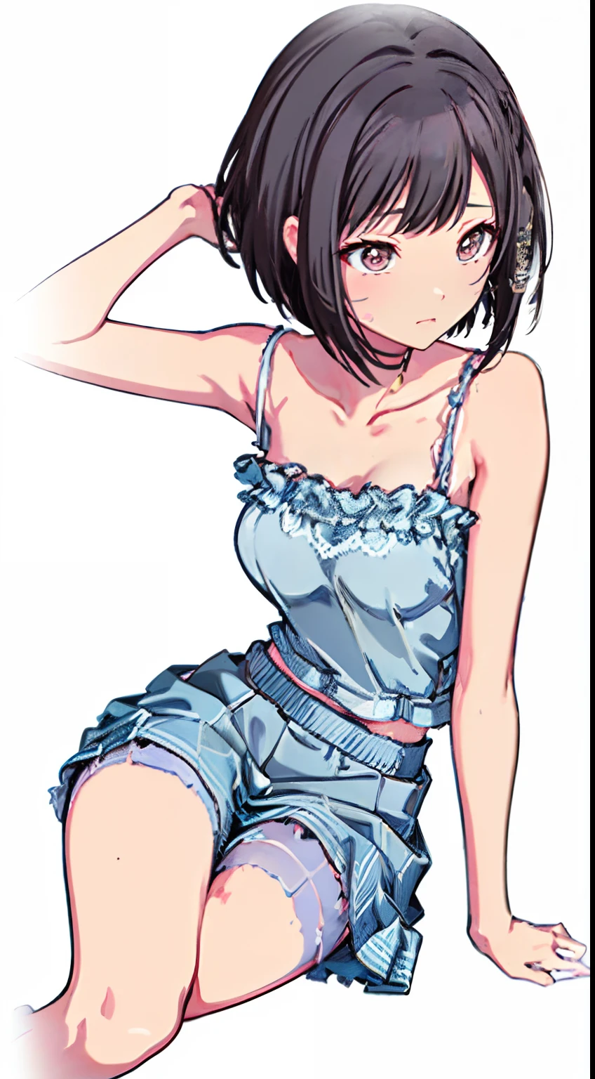 (Light blue camisole　Pull up your skirt to show your panties　Gravure Pose　Very detailed down to the smallest detail　clear outlines　Beautiful face　Beautiful skin)  thin-waist　A slender　ribbed　skinny limbs　teats　cleavage of the breast　Beautiful breasts　a short bob　Uterine mouth　Beautiful fingertips　Anime style