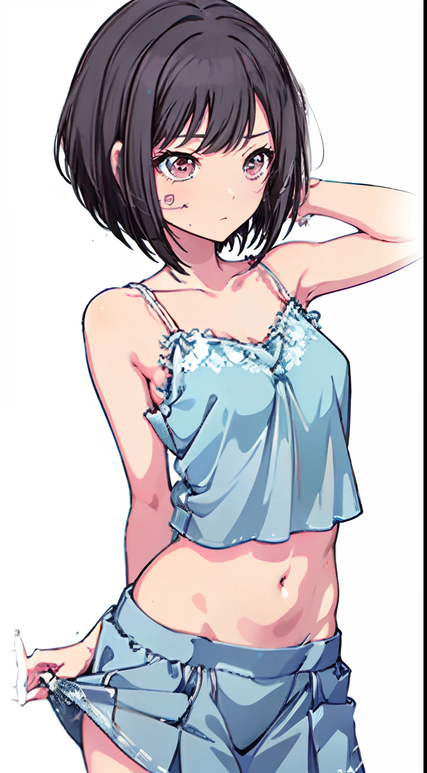 (Light blue camisole　Pull up your skirt to show your panties　Gravure Pose　Very detailed down to the smallest detail　clear outlines　Beautiful face　Beautiful skin)  thin-waist　A slender　ribbed　skinny limbs　teats　cleavage of the breast　Beautiful breasts　a short bob　Uterine mouth　Beautiful fingertips　Anime style