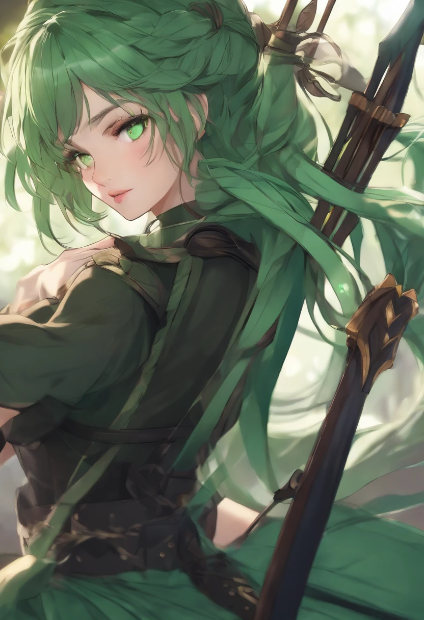 green hair, messy hair, small twintail braids on front of hair, green eyes, magic bow, firing an arrow