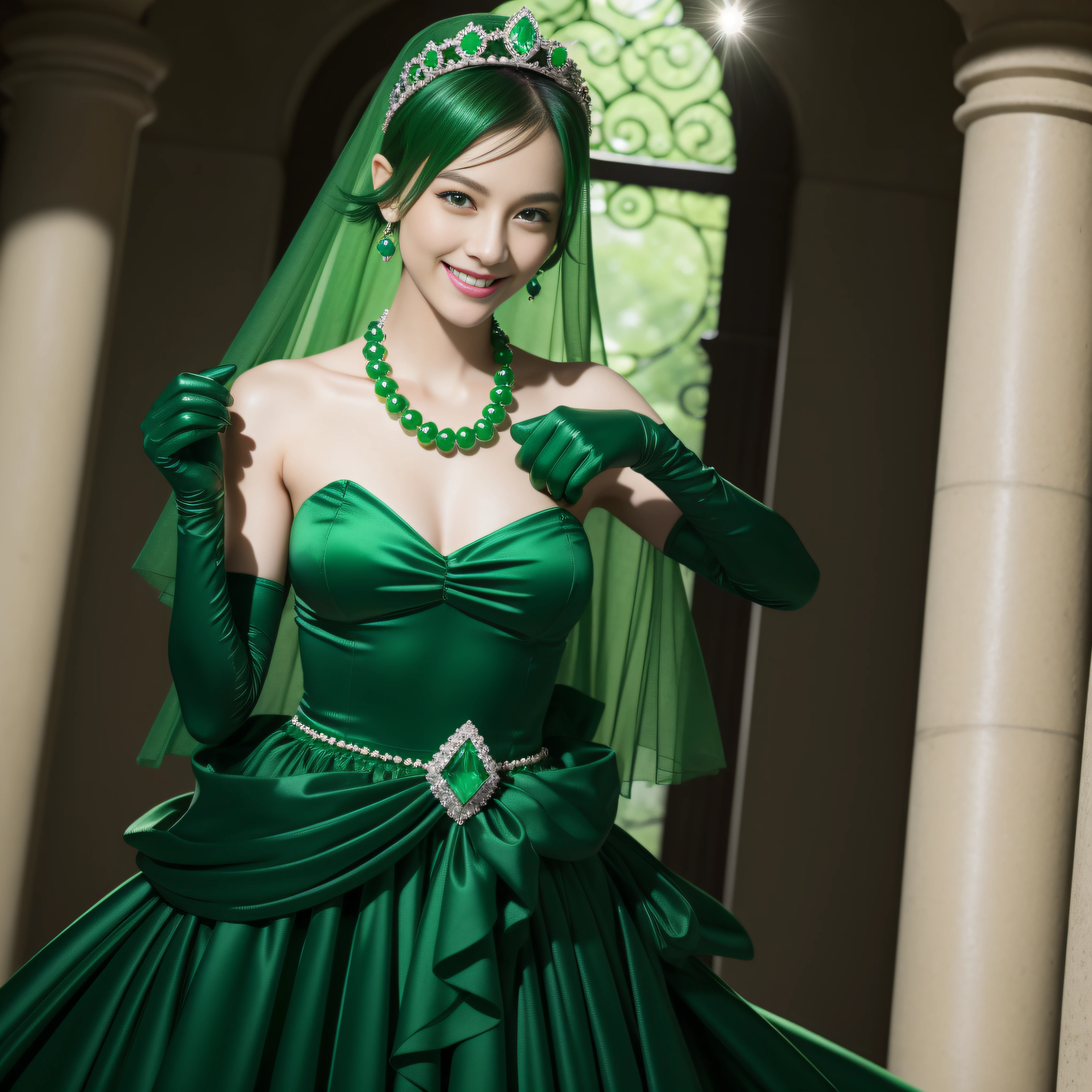emerald tiara, Green Pearl Necklace, Boyish very short black hair, lipsticks, Japan woman smiling, very short short hair, big breasts beautiful, Green eyes, Long green gloves made of satin material, Green eyes, Emerald Earrings