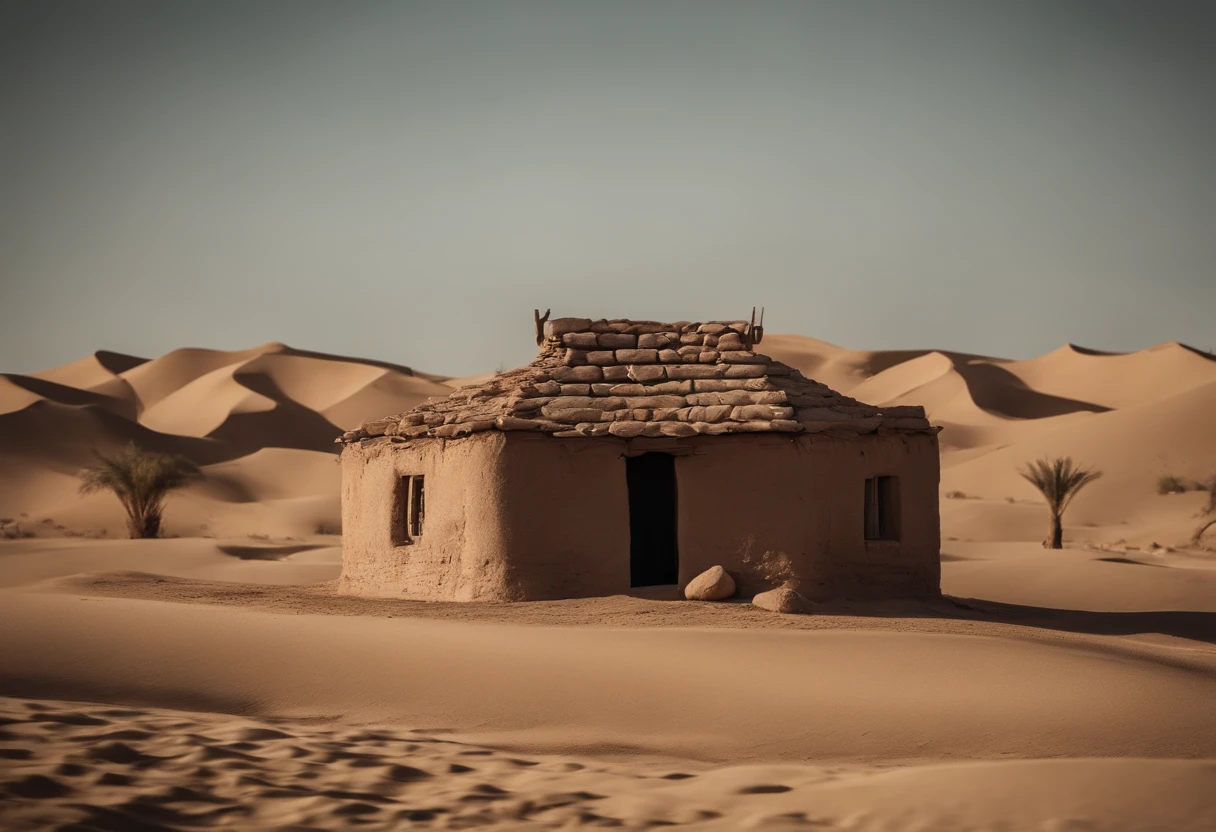 An old mud house in the middle of the desert, An oasis of water