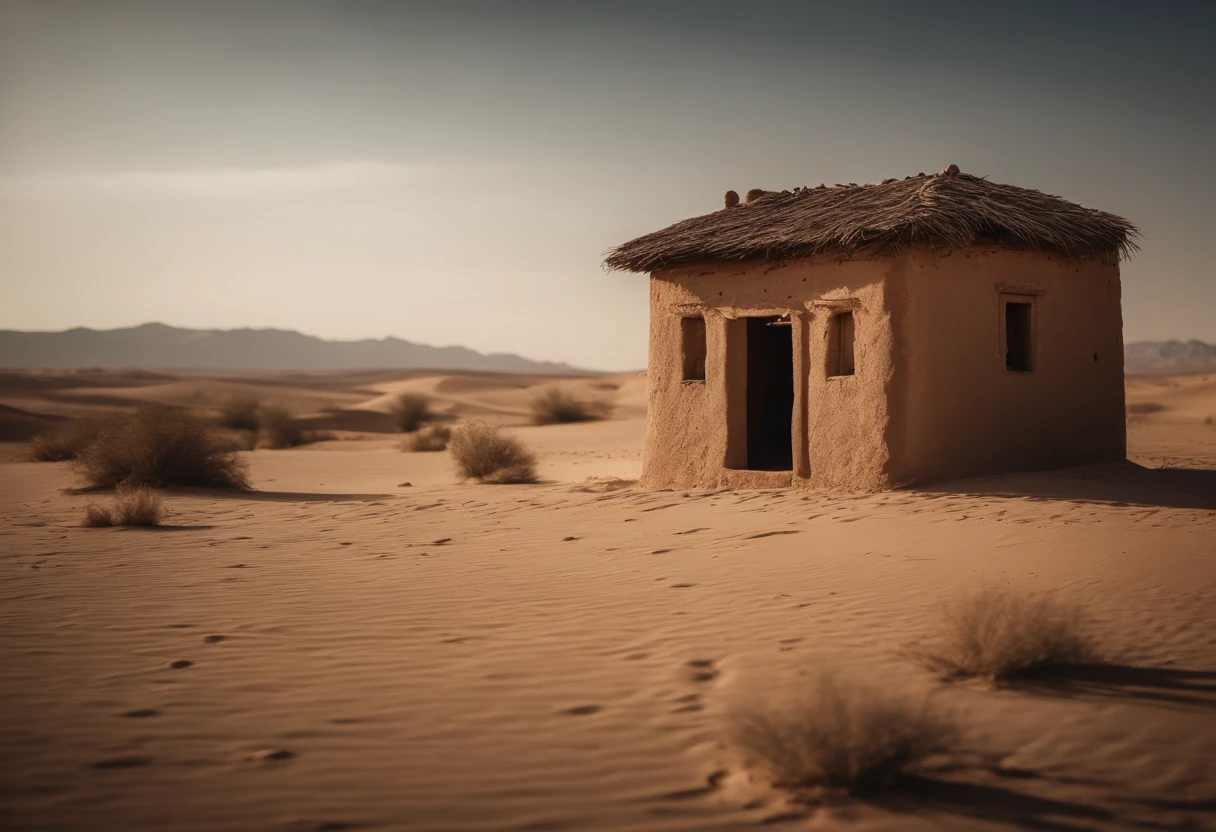 An old mud house in the middle of the desert, An oasis of water