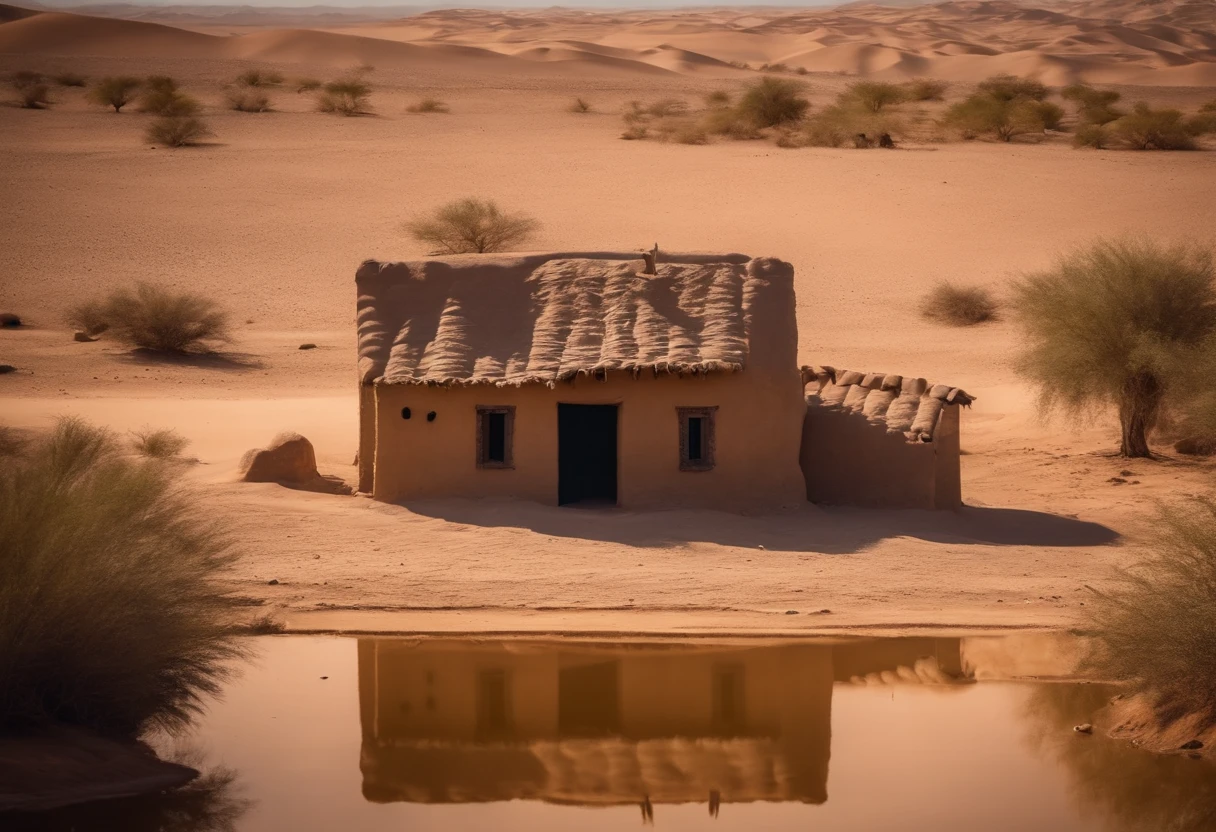 An old mud house in the middle of the desert, An oasis of water