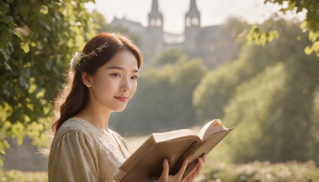 (Best Quality,Ultra-detailed,realisitic:1.37),portrait of a,Korean men and women reading the Bible,Oil Painting,Cathedral attire, View of the cathedral in the distance,Peaceful garden scene,Soft sunlight,tranquil expression,wisdom,Bible Quotes,vibrant colours,delicate brushwork,subtle textures,lush greenery,Contemplative atmosphere,Beautiful picture book,Highlighted features:Eyes in focus,gentle smiling,Graceful posture,Sunlight shining through the trees,rays,Quiet surroundings,serene ambiance,A Blessed Moment