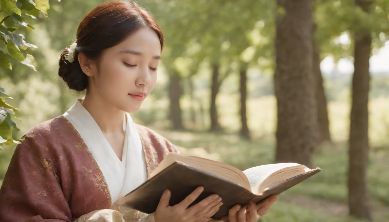 (Best Quality,Ultra-detailed,realisitic:1.37),portrait of a,Korean men and women reading the Bible,Oil Painting,Cathedral attire, View of the cathedral in the distance,Peaceful garden scene,Soft sunlight,tranquil expression,wisdom,Bible Quotes,vibrant colours,delicate brushwork,subtle textures,lush greenery,Contemplative atmosphere,Beautiful picture book,Highlighted features:Eyes in focus,gentle smiling,Graceful posture,Sunlight shining through the trees,rays,Quiet surroundings,serene ambiance,A Blessed Moment