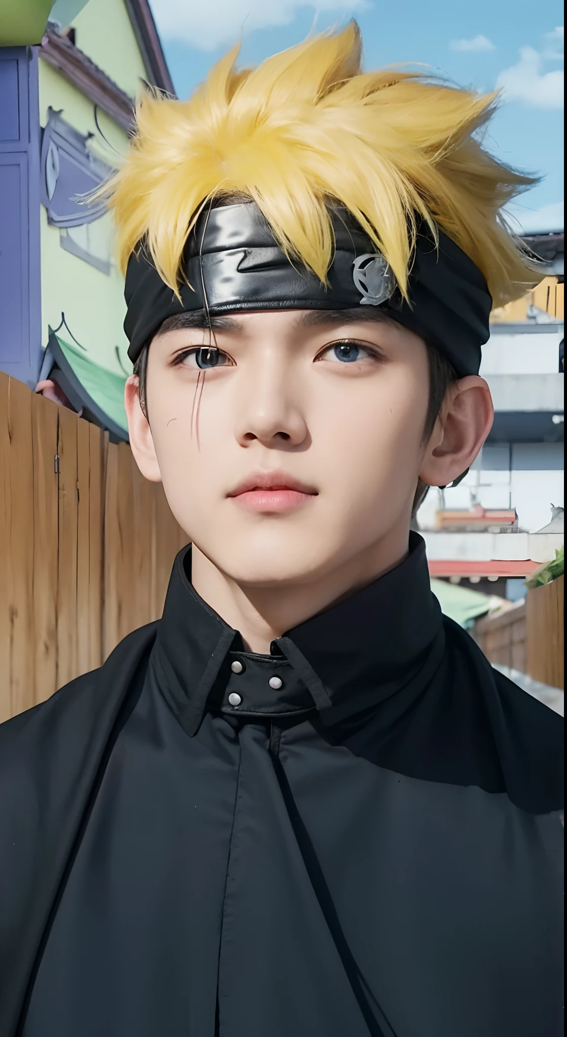 Real life adaption of this character,Asian handsome face, ,blue eyes, looking to viewer,realistic yellow Messy hair, realistic ninja headband, realistic black cloak, realistic background, hyper realistic, realistic light, realistic shadow, realism,(photorealistic:1.2),cool expression