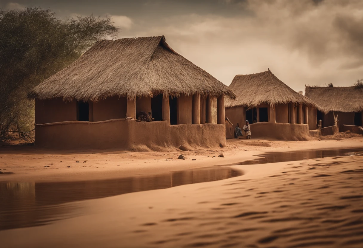 A madagascar au Sud, Several old mud houses in the middle of the desert, An oasis of water