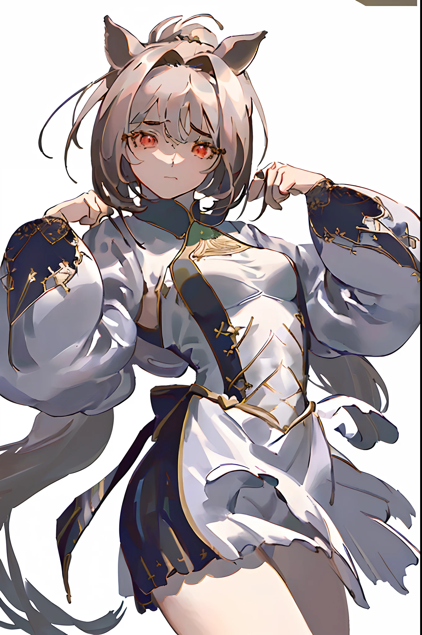 (((Masterpiece,best qualityer,offcial art,Extremely detailed CG8k wallpaper, Huge_filesize, art book, GameCG, the wallpaper, style of cygames:1.1))),((cinmatic lighting,gentle illumination,Volumetriclighting,Tyndall effect,strong rimlight,Contre-Jour)),((airbrush,complementary colours,gradation)),((1 Extremely delicate and beautiful girl)),Solo,(Detailed horse ears),(Detailed ponytail),(detail in face),(Detailed hands),{{{solid red eyes}}}, {(whaite hair)and{hair between eye}and(pony tails)},{{awesome face,}},(Beautiful and delicate eyes),((美丽细致的眼睛)),{{{Small breasts}}},{Bühler clothing,decorated in white},((intricately details)),,(detailedbackground),reflective light,Chiaroscuro,detailedlight,Dynamic pose,Good lighting,Detailed background,