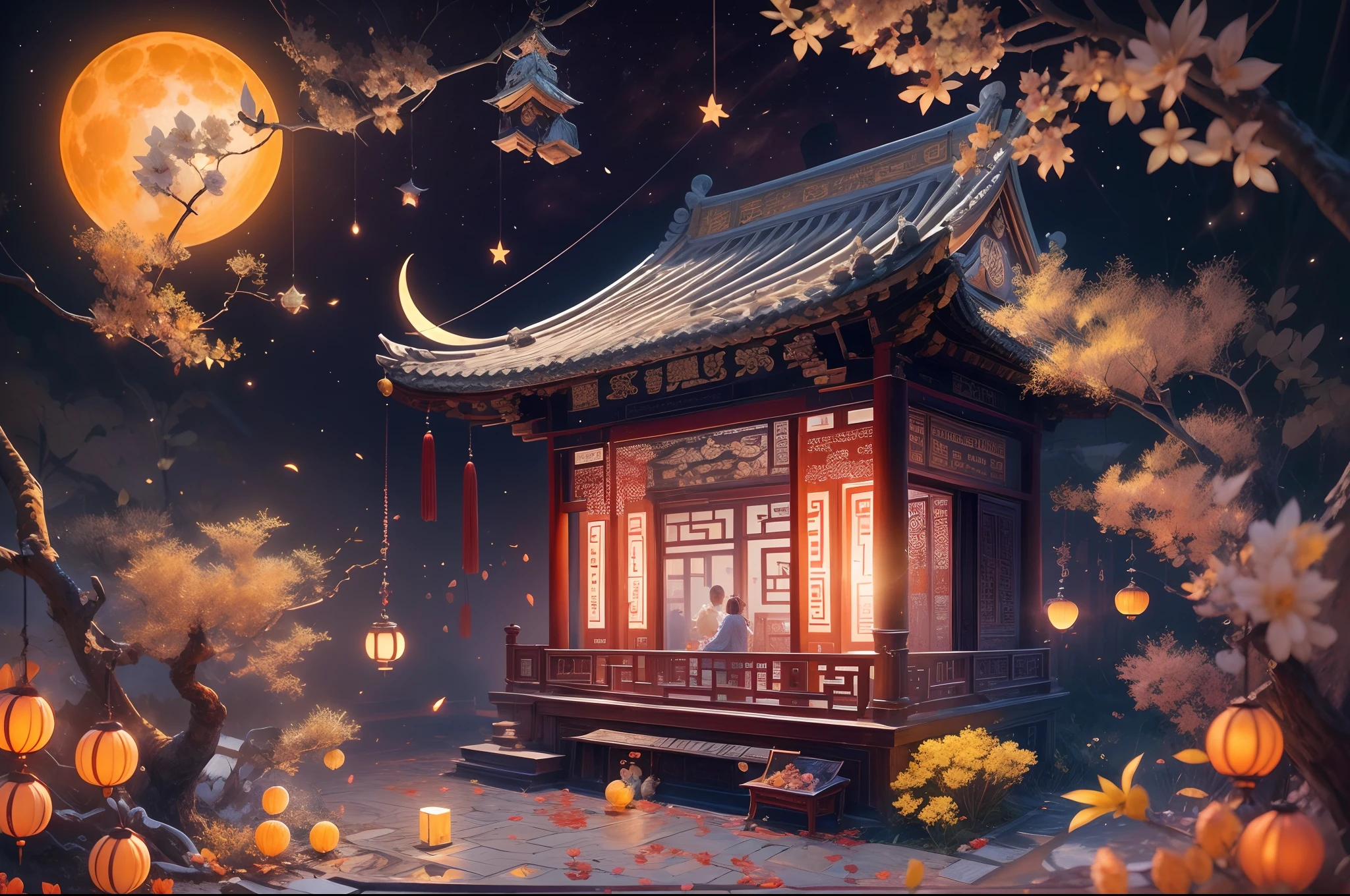 （China - chic Mid-Autumn Night，Clear moonlight sprinkles on the earth，The entire village is shrouded in a soft silvery glow。Mid-Autumn Festival，Traditional activities。Stars twinkle in the night sky，alleys，temple，fresh flowers，The person who burns incense，Reverently kneel in front of the temple，Best wishes to Ming Yue，Peaceful setting in the garden，Dotted with various flowers and bamboo forests。1 male and 1 female sitting around the garden，Eat mooncakes，Sing the Psalms，Look up and admire the bright moon in the sky。Moonlight sprinkles between the sea of flowers。The table is filled with fragrant osmanthus wine，Raise your glass and drink，The fragrance of osmanthus fills the night sky，It brings a rich aroma throughout the night，Mid-Autumn Night，Burning lamps、Moon、Guess the puzzle、A lively scene for traditional events such as drinking osmanthus wine，Mid-Autumn Festival，sweet osmanthus），（senior color matching，vibrant with colors，Colorful colorful，Moon and laurel tree in the background，Bokeh），（brightly，1.4x realism，Hyper-detailing，hyper HD，The is very detailed，reasonable design，Clear lines，High clarity，The best quality，tmasterpiece，offcial art，movie light effect，8K HD resolution），(A complete painting），（Extremely detailed picture），（light and shadow effect），（Movie lighting），（cinema4d），（Light particle tracing），（rendering by octane），（Layered artistic effects），（Best Painting），（Master painting），（8K分辨率），photorealestic，realisticlying