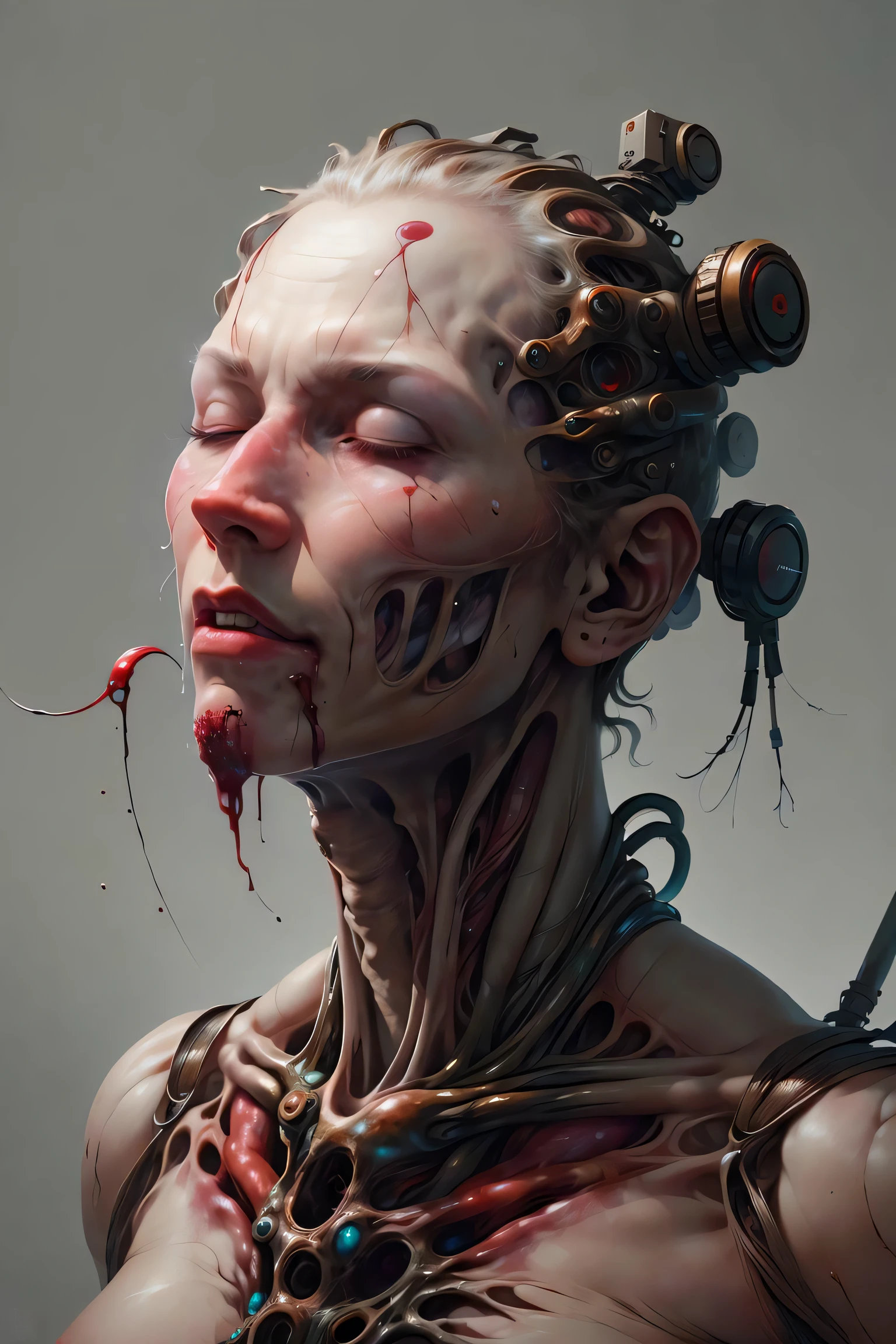 Best quality, masterpiece, ultra high res,(photo realistic:1.4), surrealism, dream-like,
1 man,eye closed, bioprosthesis, muscle overlay, anatomical techniques, blood vessels, bionervous system, visceral exposure,
BioPunkAI,