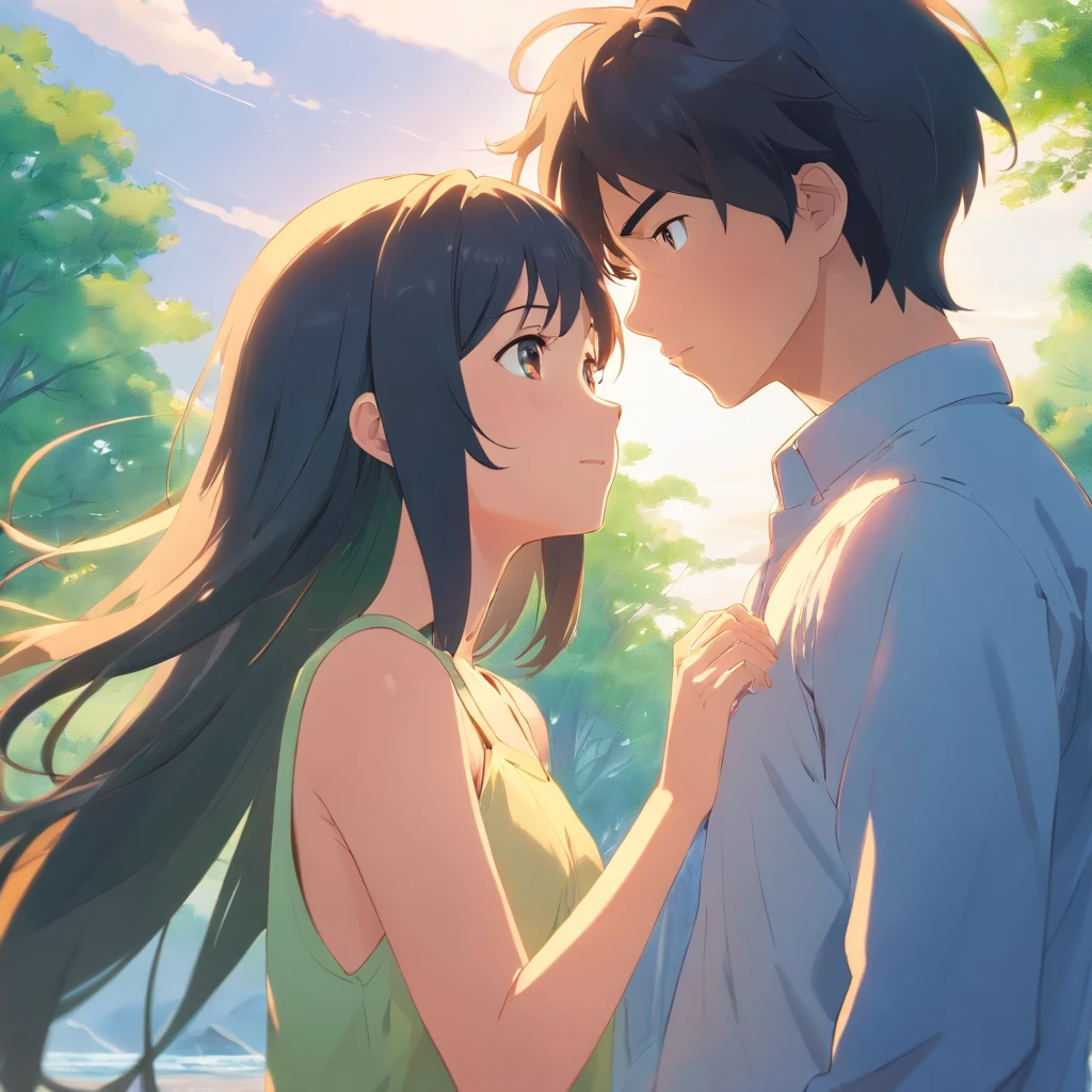 1girl1boy,face to face,hands in arms,The breeze blows through, the girl's hair was shoulder lenght, an the boy's very hansome