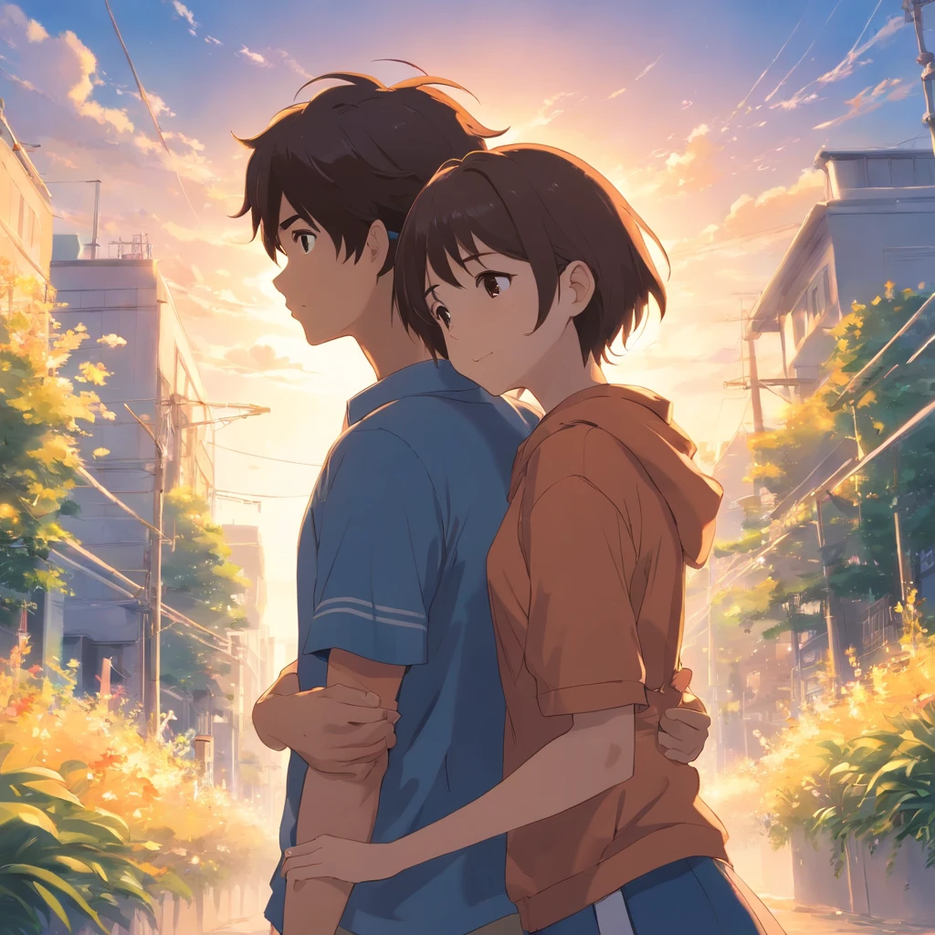 Eine hyperrealistische, 15 year old boy with cinnamon brown skin, athletic body, glattes Haar,Ein ernsthafter, Pensive male observer hugs Tienviste&#39;s blue school swimsuit, White back