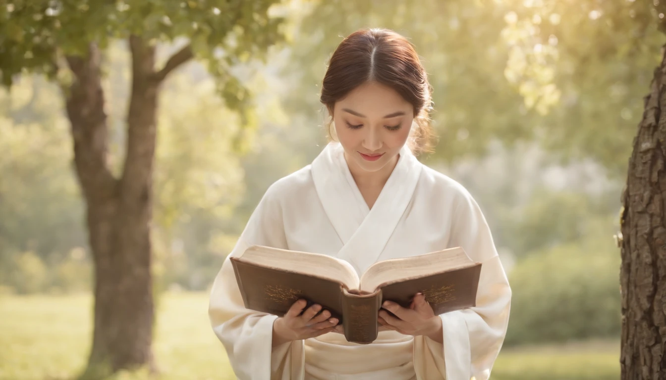 (Best Quality,Ultra-detailed,realisitic:1.37),portrait of a,Korean men and women reading the Bible,Oil Painting,Cathedral attire, View of the cathedral in the distance,Peaceful garden scene,Soft sunlight,tranquil expression,wisdom,Bible Quotes,vibrant colours,delicate brushwork,subtle textures,lush greenery,Contemplative atmosphere,Beautiful picture book,Highlighted features:Eyes in focus,gentle smiling,Graceful posture,Sunlight shining through the trees,rays,Quiet surroundings,serene ambiance,A Blessed Moment
