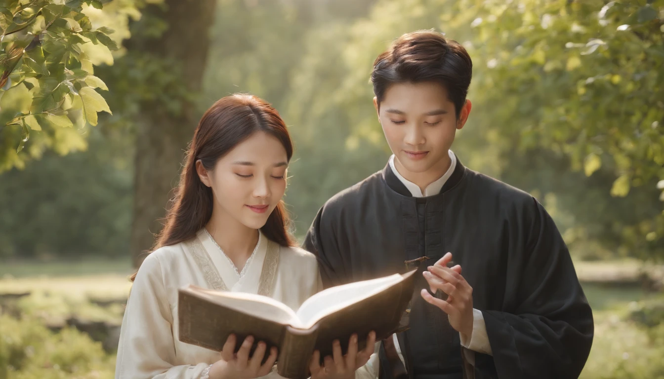 (Best Quality,Ultra-detailed,realisitic:1.37),portrait of a,Korean men and women reading the Bible,Oil Painting,Cathedral attire, View of the cathedral in the distance,Peaceful garden scene,Soft sunlight,tranquil expression,wisdom,Bible Quotes,vibrant colours,delicate brushwork,subtle textures,lush greenery,Contemplative atmosphere,Beautiful picture book,Highlighted features:Eyes in focus,gentle smiling,Graceful posture,Sunlight shining through the trees,rays,Quiet surroundings,serene ambiance,A Blessed Moment