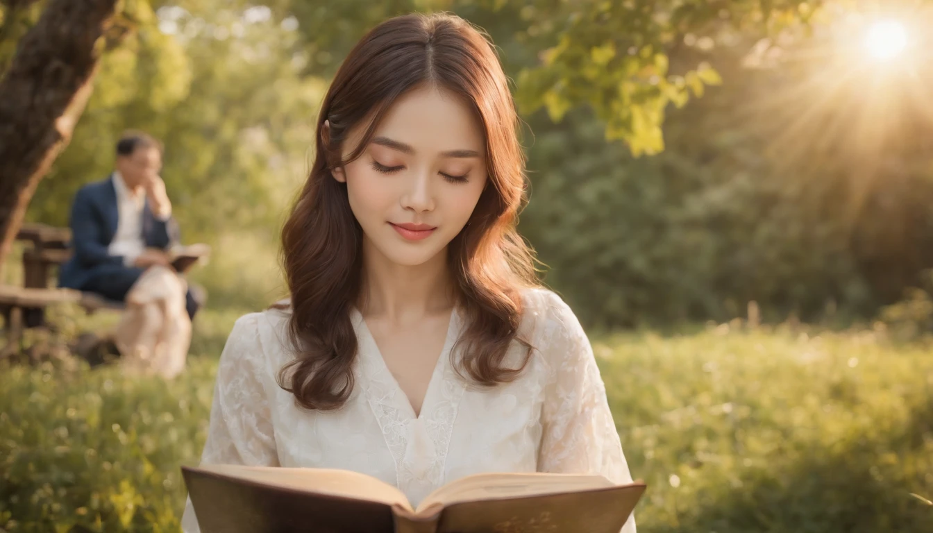 (Best Quality,Ultra-detailed,realisitic:1.37),portrait of a,Korean men and women reading the Bible,Oil Painting,Cathedral attire, View of the cathedral in the distance,Peaceful garden scene,Soft sunlight,tranquil expression,wisdom,Bible Quotes,vibrant colours,delicate brushwork,subtle textures,lush greenery,Contemplative atmosphere,Beautiful picture book,Highlighted features:Eyes in focus,gentle smiling,Graceful posture,Sunlight shining through the trees,rays,Quiet surroundings,serene ambiance,A Blessed Moment