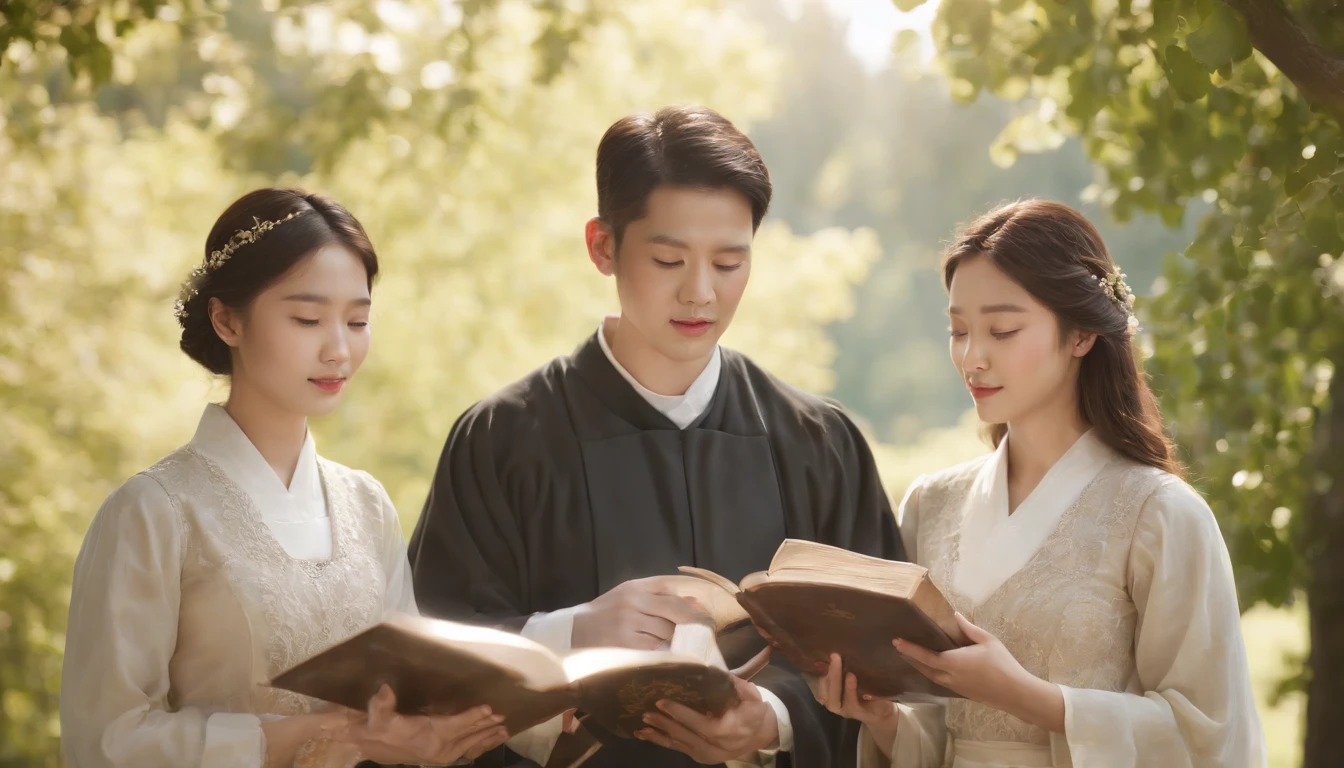 (Best Quality,Ultra-detailed,realisitic:1.37),portrait of a,Korean men and women reading the Bible,Oil Painting,Cathedral attire, View of the cathedral in the distance,Peaceful garden scene,Soft sunlight,tranquil expression,wisdom,Bible Quotes,vibrant colours,delicate brushwork,subtle textures,lush greenery,Contemplative atmosphere,Beautiful picture book,Highlighted features:Eyes in focus,gentle smiling,Graceful posture,Sunlight shining through the trees,rays,Quiet surroundings,serene ambiance,A Blessed Moment