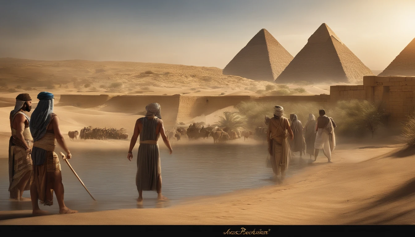 "Create an image that represents the scene of Jacob's descendants, conhecidos como os israelitas, vivendo no Egito. The scene should show an Egyptian landscape, with pyramids in the background, a river meandering through the landscape and Israelites working under the watchful eye of Egyptian overseers. The Israelites should be dressed in typical clothes of the time and carrying brick baskets, while the Egyptians watch them with stern expressions. O sol deve estar se pondo no horizonte, creating an atmosphere of weariness and challenge. Be sure to include details that show the cultural differences between the Israelites and the Egyptians, bem como a dureza da vida dos israelitas como escravos no Egito.