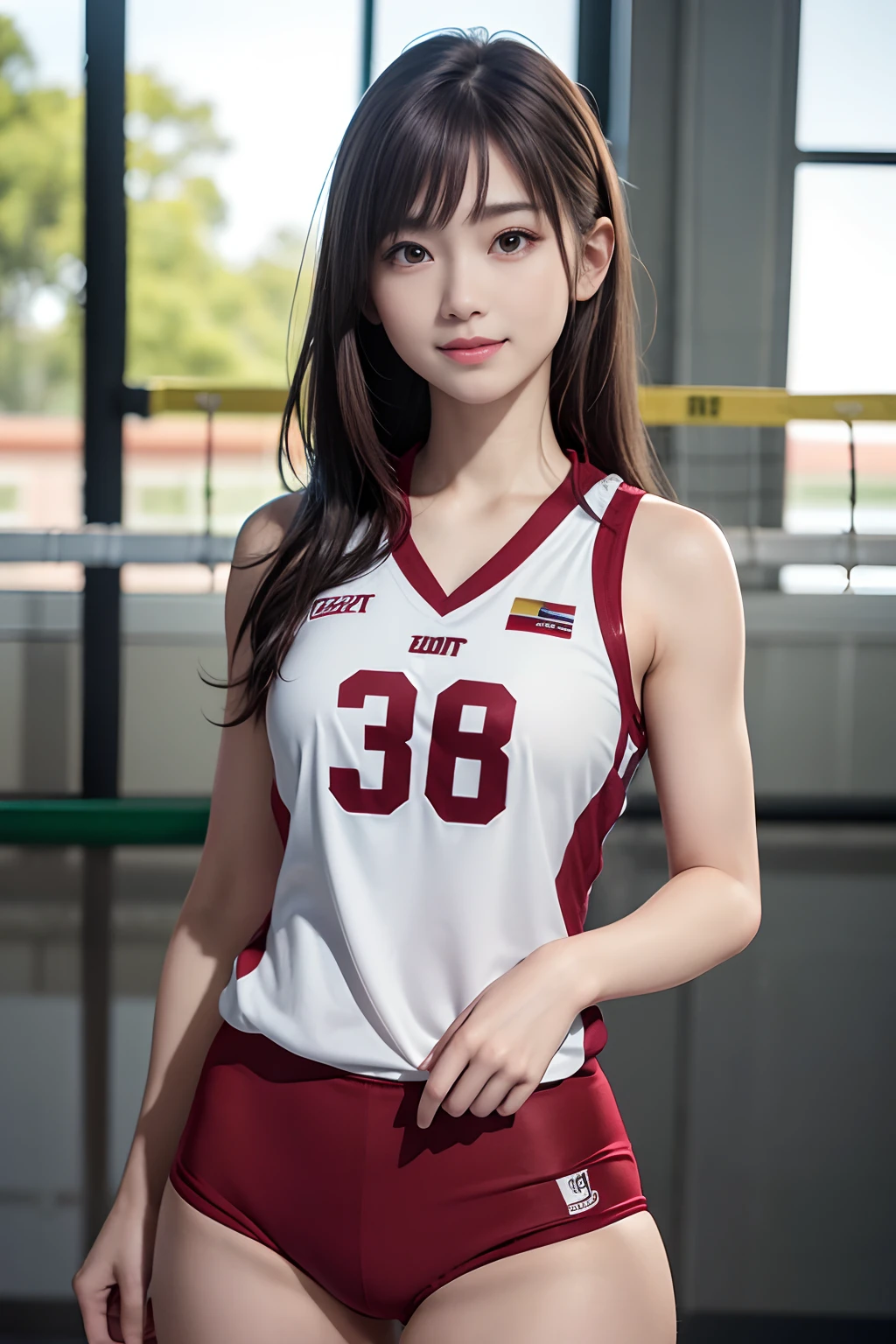 femele,１2 years old,Goldenhead,Black and Red Silk Basketball Uniform,Beautiful long hair,Blue eyes, A smile,,I see underwear,full body Esbian, (Close Shot, Best Quality, hight resolution, 4K, Detailed Lighting, Shaders, NSFW),  Smiling,  ( Blushing:1.2)sitting on,small tits,,Skin is wet from sweat,