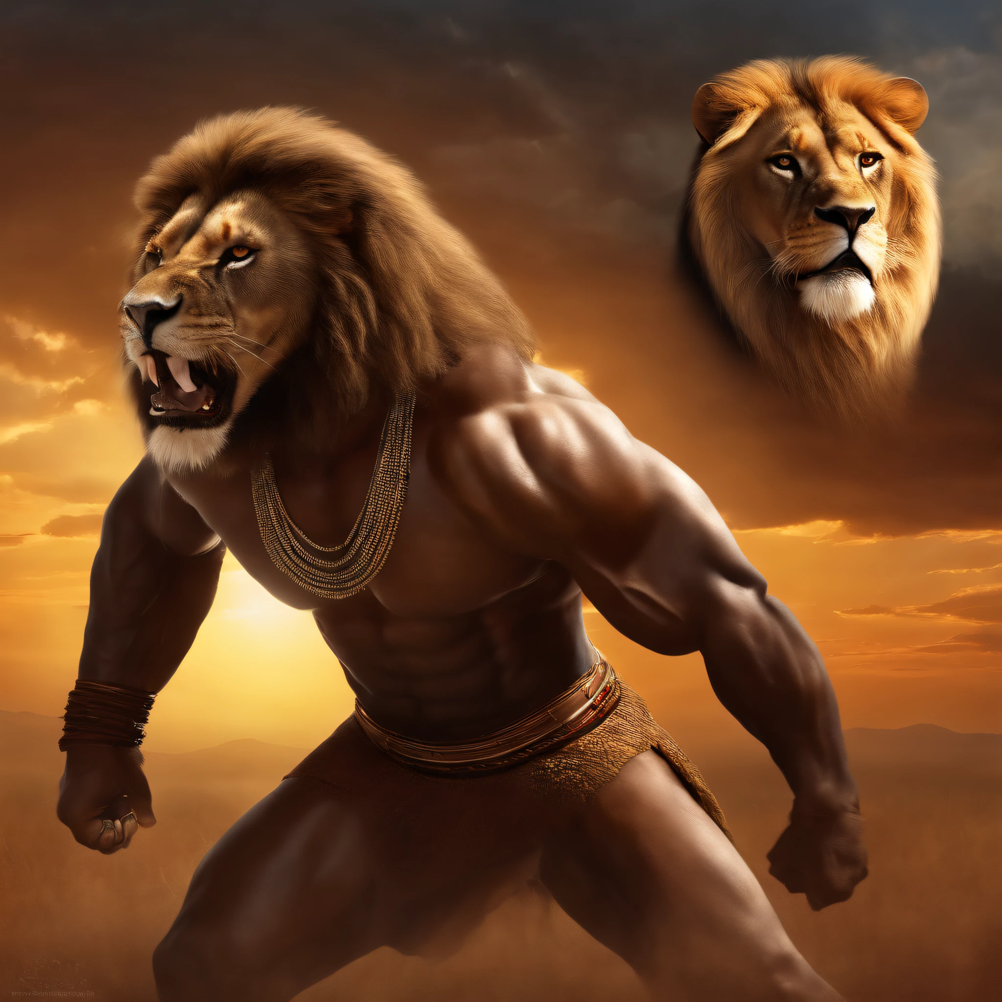 (highres:1.2),(realistic:1.37),strong,bodybuilding,bodybuilder,african warrior,warrior,body muscular,black lion head,ferocious face,intimidating eyes,majestic mane,powerful body,rippling muscles,regal presence,mighty warrior,strong physique,dominating presence,determined expression,muscle definition,bold posture,fierce warrior,dark skin,roaring lion-like appearance,beastly strength,golden lion eyes,endurance,indomitable spirit,pride of a lion,strength of a warrior,heroic figure,courageous stance,vibrant colors,striking contrast,impressive details,shadow and light play,dramatic lighting,lion symbolism,symbol of power and courage,triumphant spirit,tribal markings,traditional African warrior attire,warrior shield and spear, African wilderness background,african savanna,African sunset,pride lands.